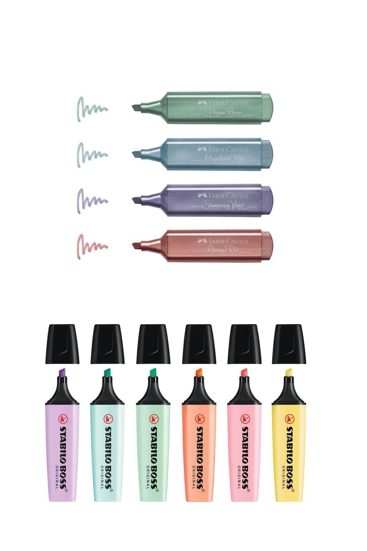 Faber Castell Metalik Işaretleme Kalemi 2021 4 Yeni Renk Ve Stabilo Boss 6 Pastel Fosforlu Set
