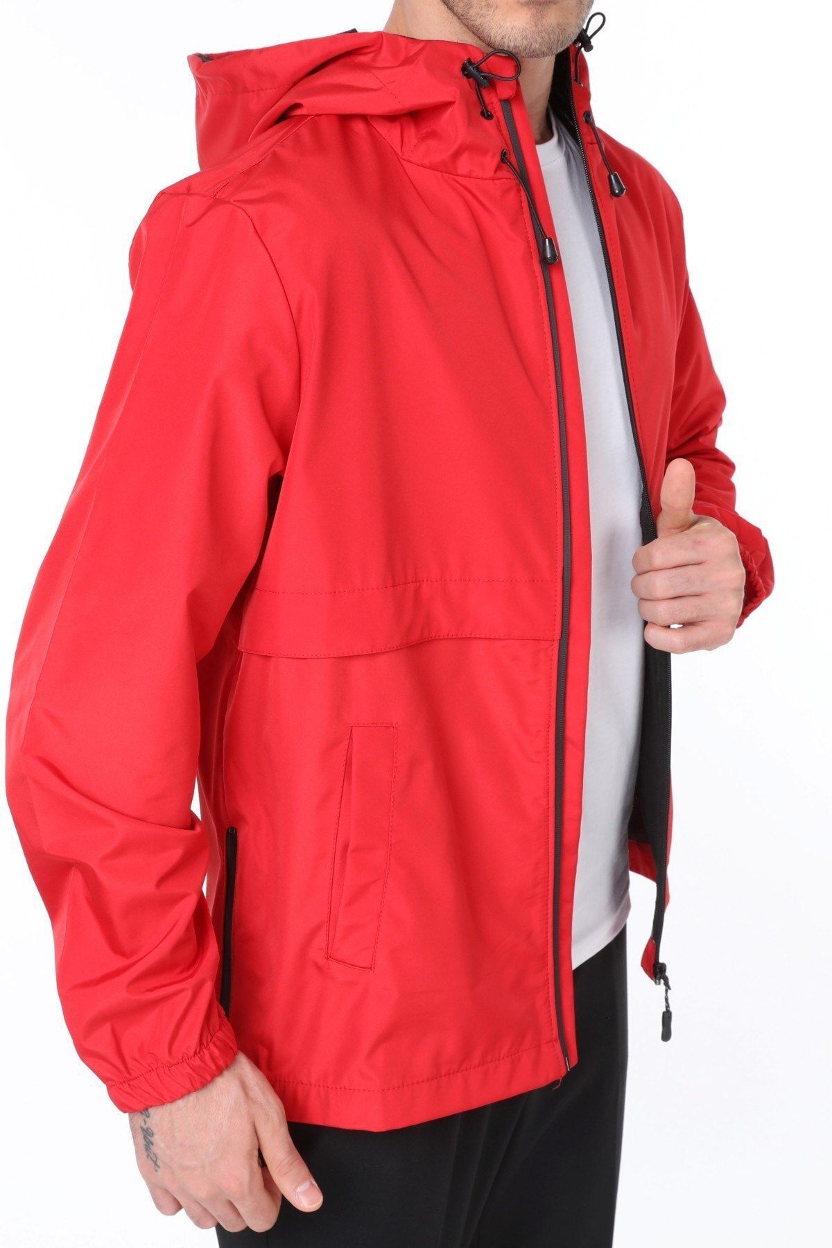 Ghassy Co Erkek Kırmızı Rüzgarlık/Yağmurluk Outdoor Yırtmaç Detaylı Mevsimlik Spor Ceket
