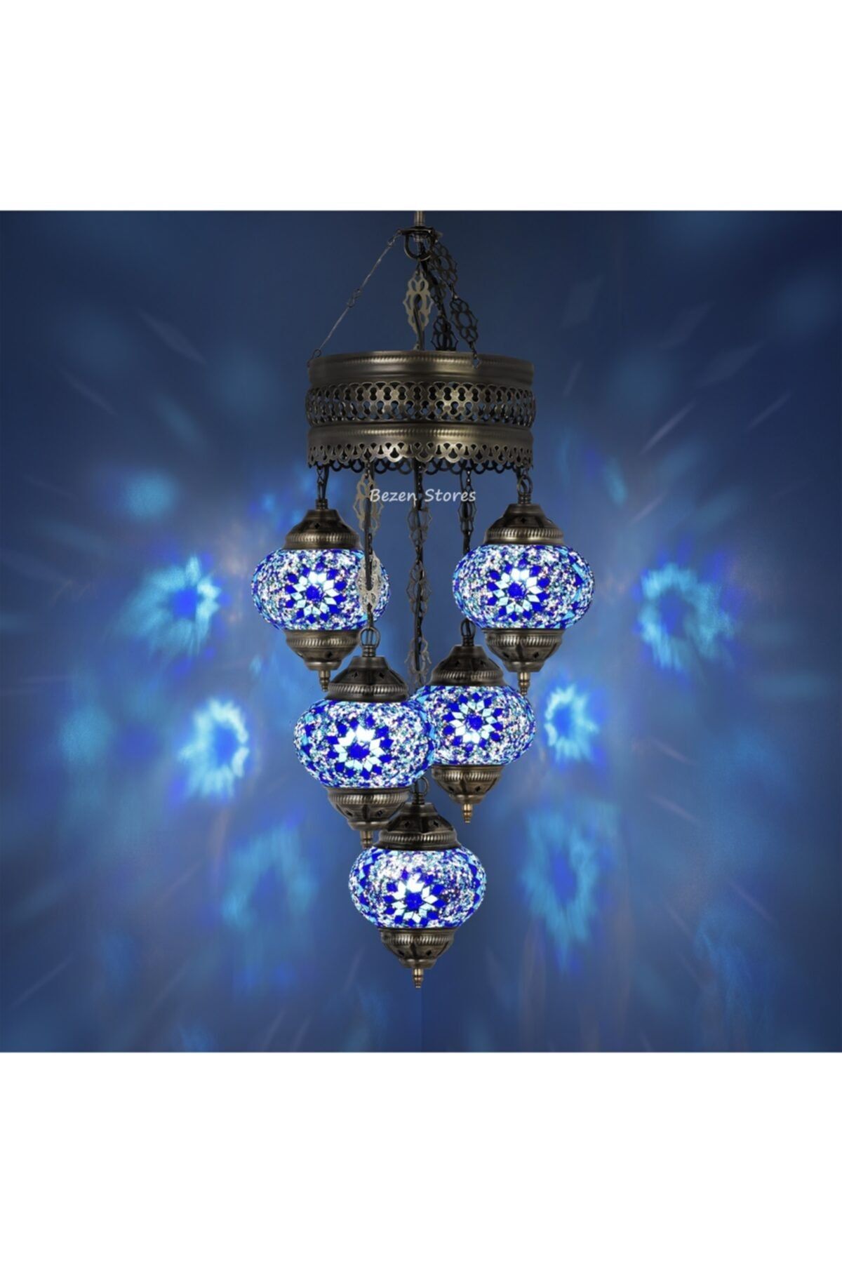 bezenstore 5 Küreli Mozaik Avize Otantik Türk Lambası, El Yapımı Mozaik Asma Tavan Avizesi(mavi Küp)