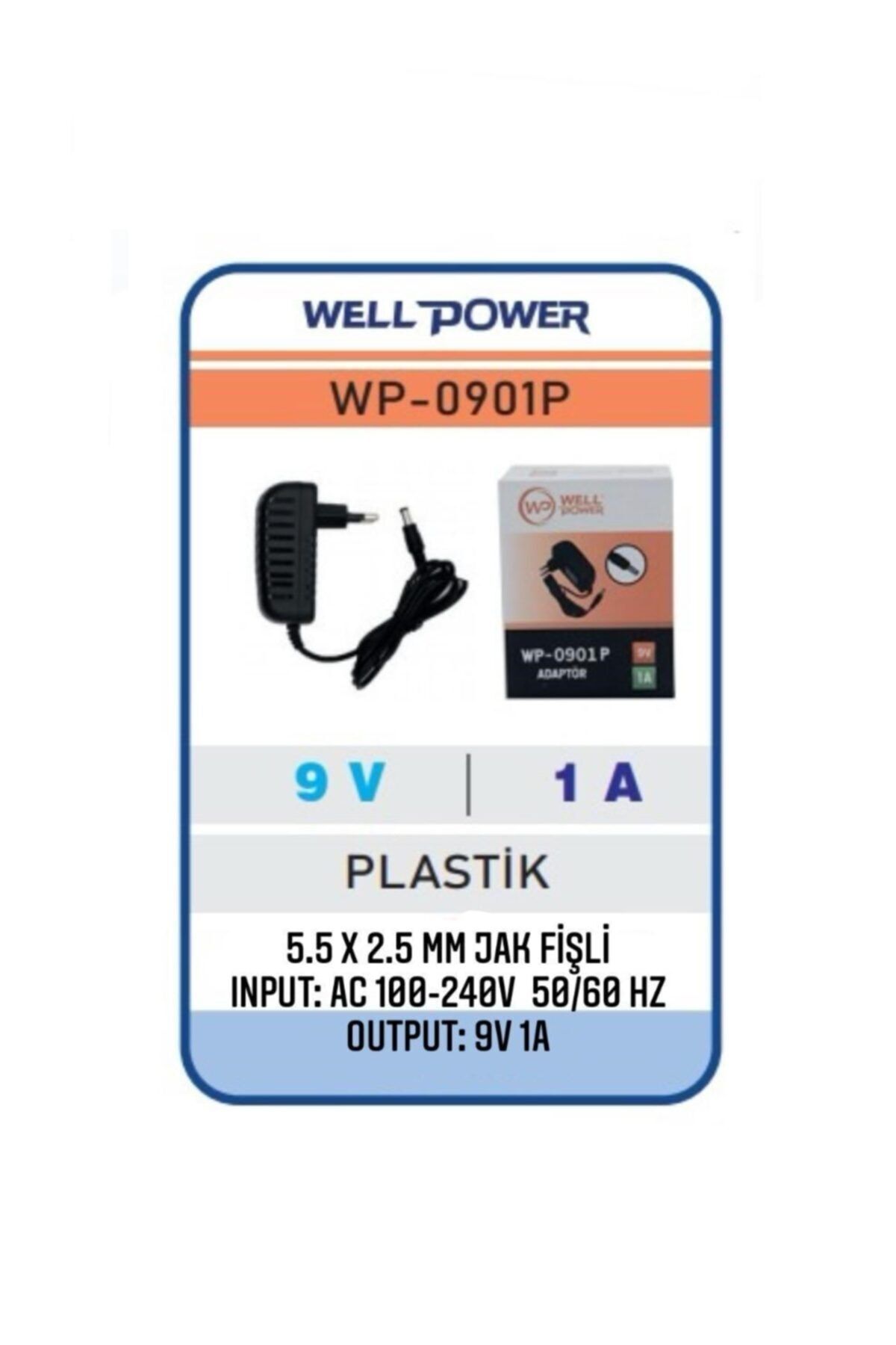 WELL POWER 9v 1a Adaptör 9 Volt 1 Amper 5.5 X 2.5 Mm Jak Fişli Plastik Kasa Wellpower Wp-0901p
