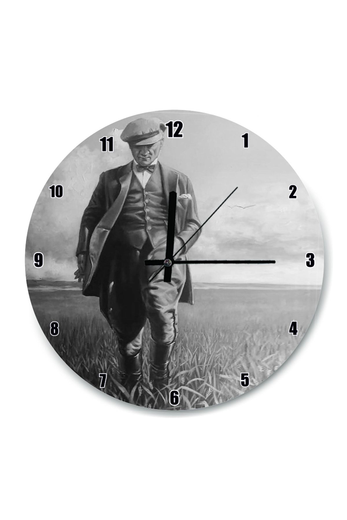 Cakatablo Siyah Beyaz Buğday Tarlasındaki Atatürk Duvar Saati (çap 30x30 Cm)