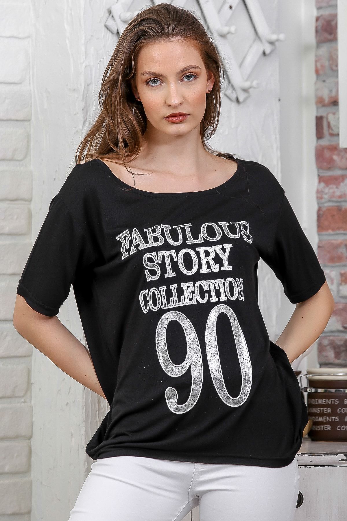 Chiccy Kadın Siyah Kayık Yaka Baskılı Sırtı Çapraz Biye Detaylı T-Shirt M10010300TS98265