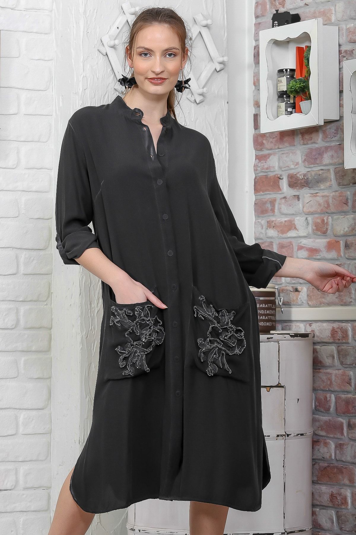 Chiccy Kadın Siyah Düğmeli Cepli Yıkamalı Midi Elbise M10160000EL95104