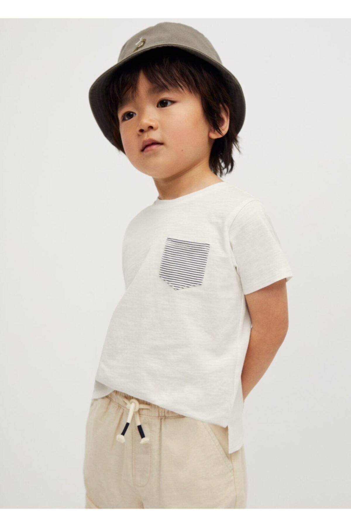MANGO Baby Bebek Kırık Beyaz Pamuklu Desenli Cepli Tişört