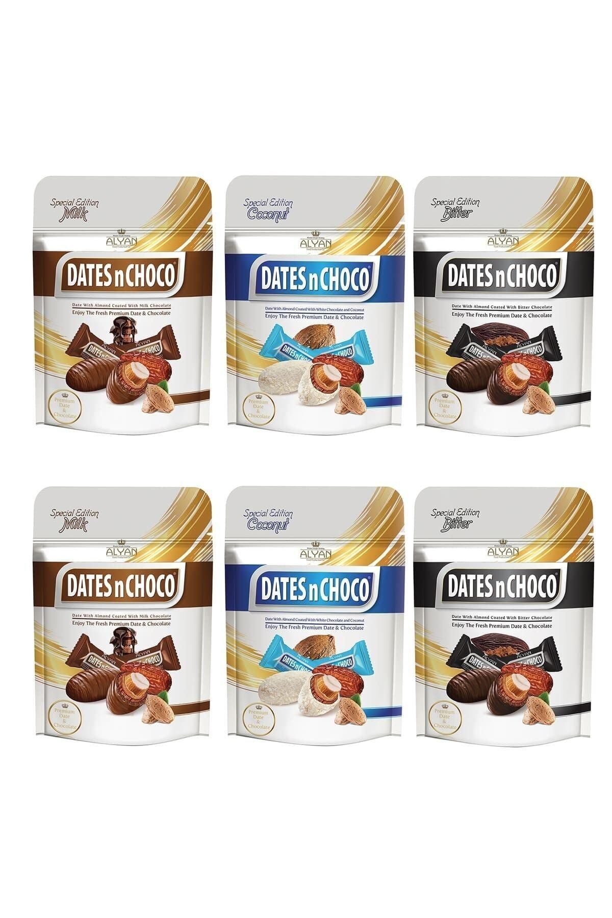 DATESnCHOCO Dates N Choco Sütlü + Hindistan Cevizi Ve Beyaz Çikolata + Bitter Çikolata Kaplı Hurma 6 Adet