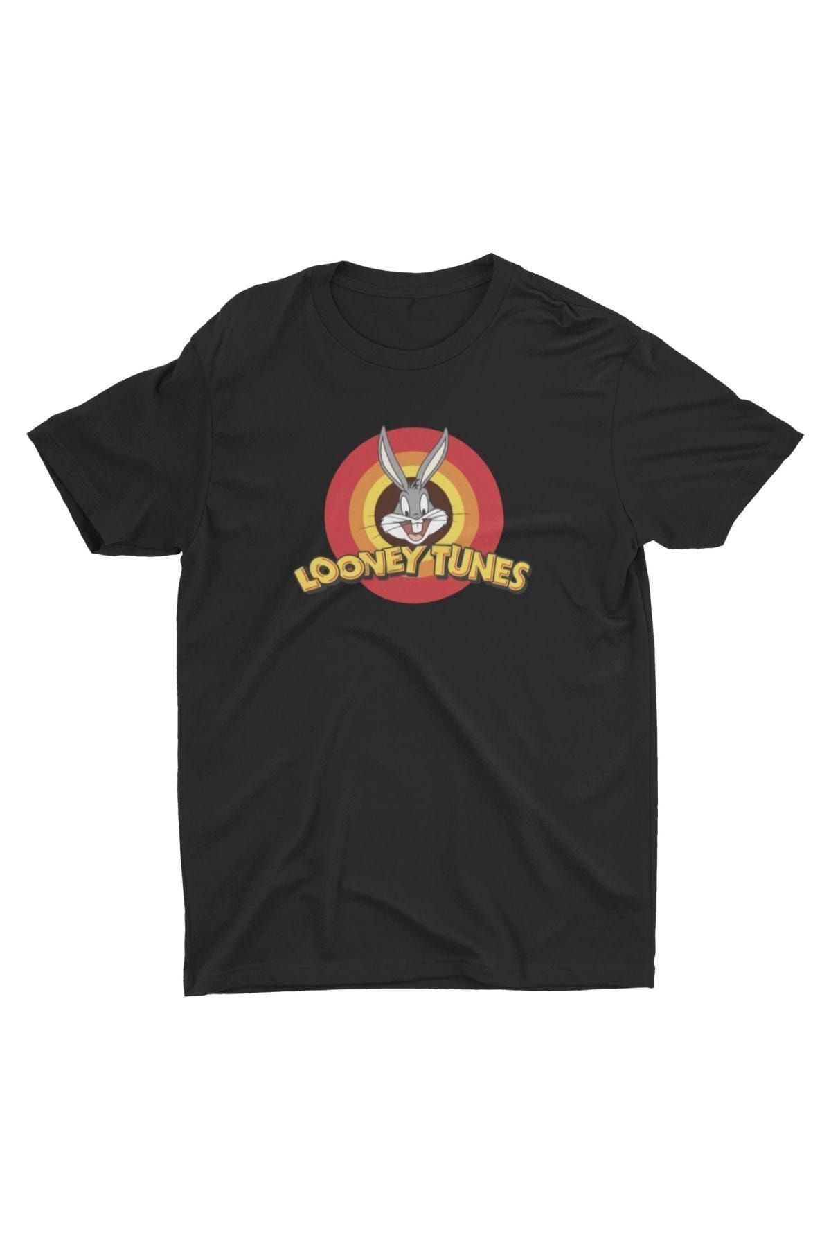 Bubus Unisex Siyah Bugs Bunny Çizgi Kahraman Logosu Oversize Tişört