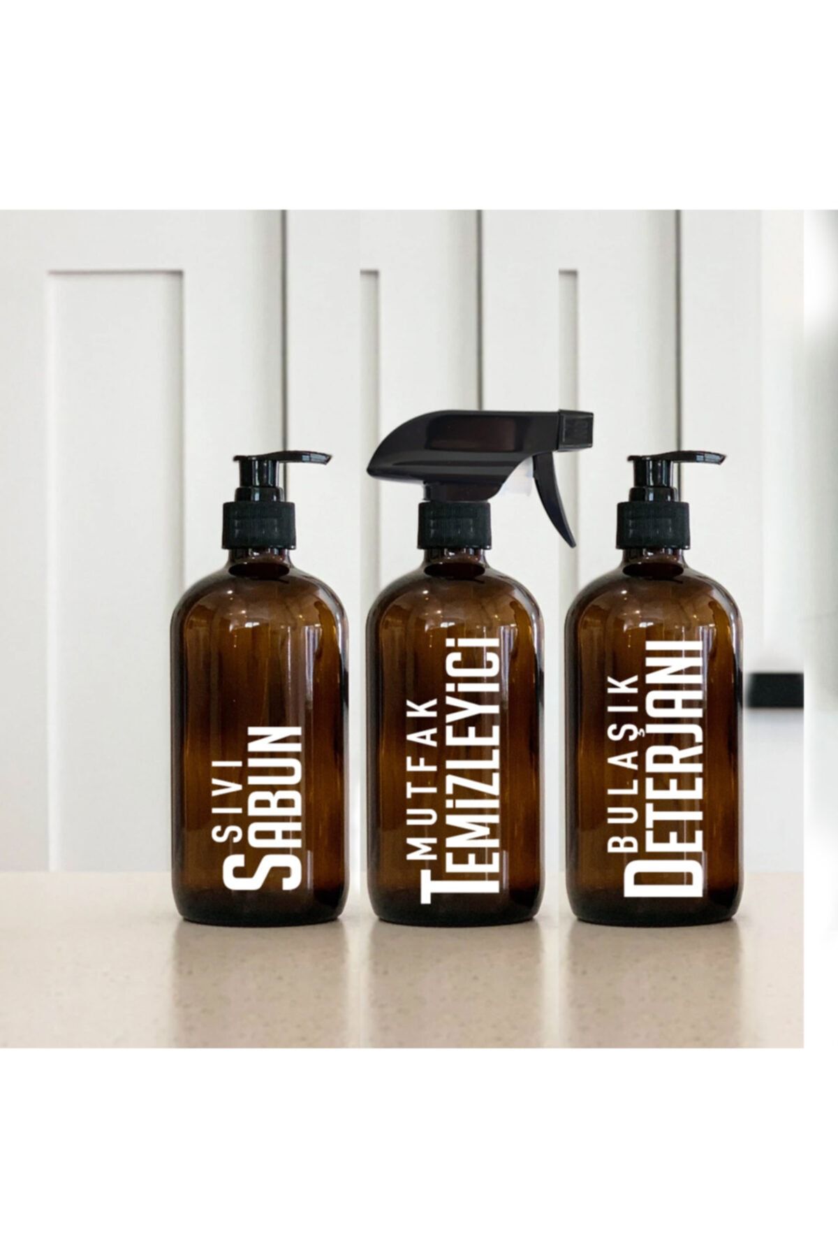 BLS Home Amber Cam Şişe - Sıvı Sabun, Mutfak Temizleyici Ve Bulaşık Deterjanı 3'lü Banyo Seti - 500 Ml.
