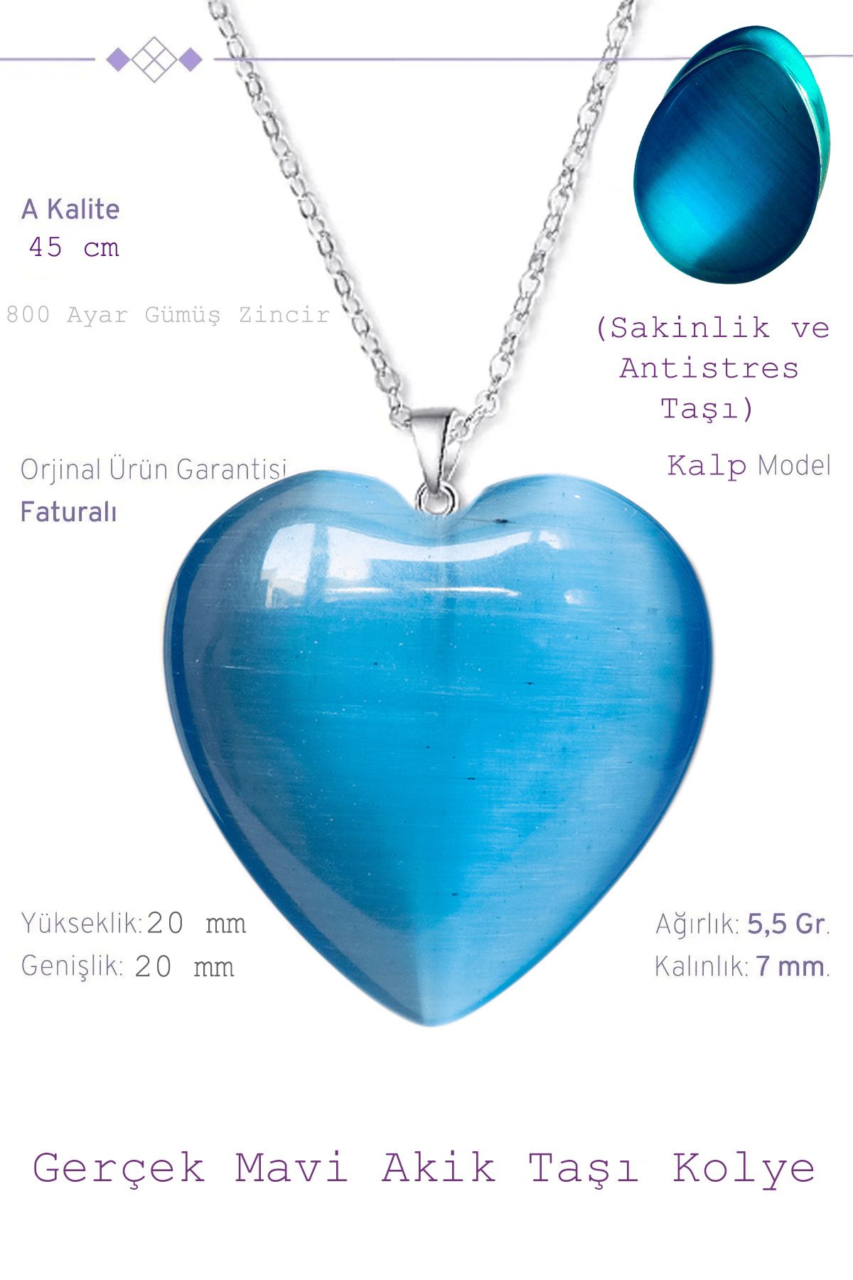 Tesbih Atölyesi Sertifikalı Kalp Model Koyu Mavi Akik Taşı Kolye (Gümüş Aparatlı)