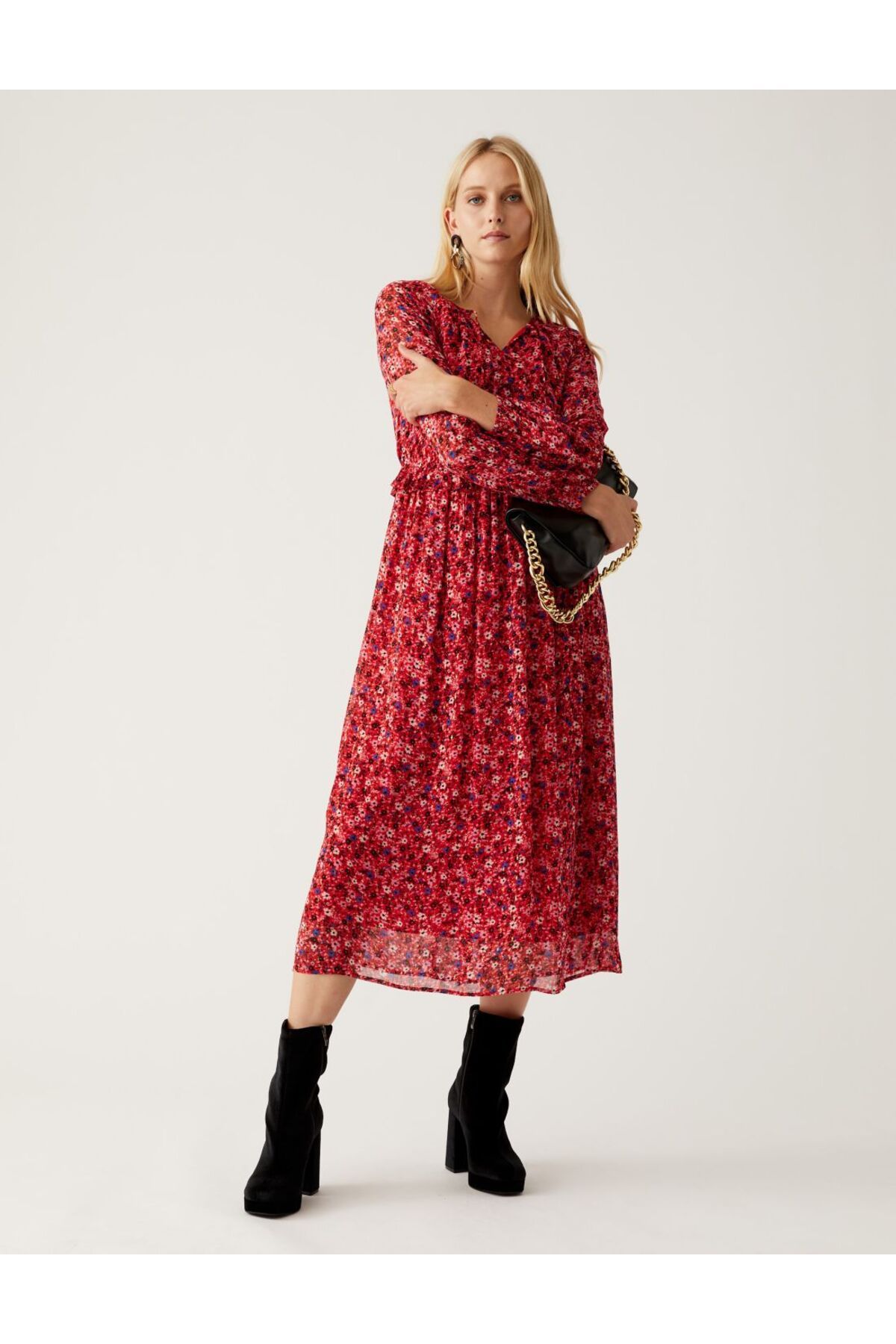 Marks & Spencer Çiçek Desenli Uzun Kollu Midi Elbise