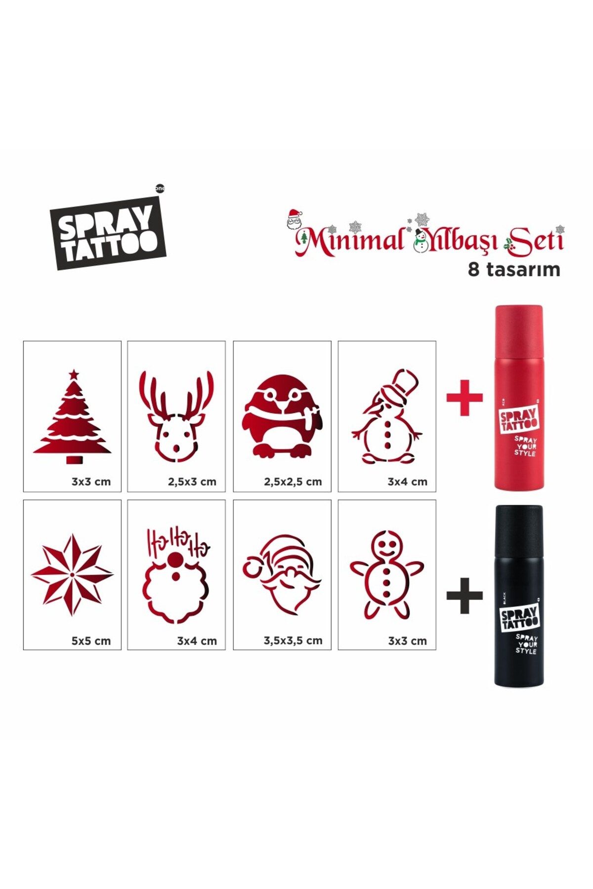 One Spray Tattoo Minimal Yılbaşı Pack Şablon + Siyah ve Kırmızı Sprey