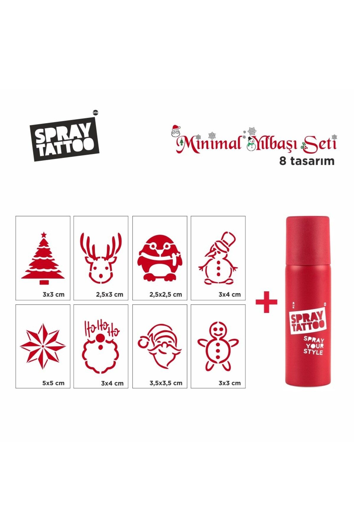One Spray Tattoo Minimal Yılbaşı Pack Şablon + Kırmızı Sprey