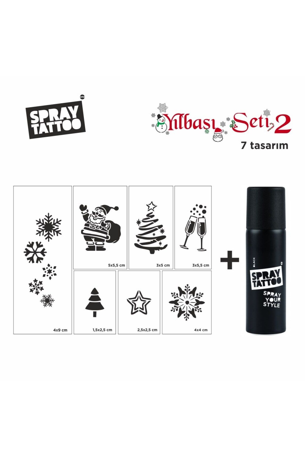 One Spray Tattoo Yeni Yıl Geçici Dövme Şablon Set 2 + Siyah Sprey