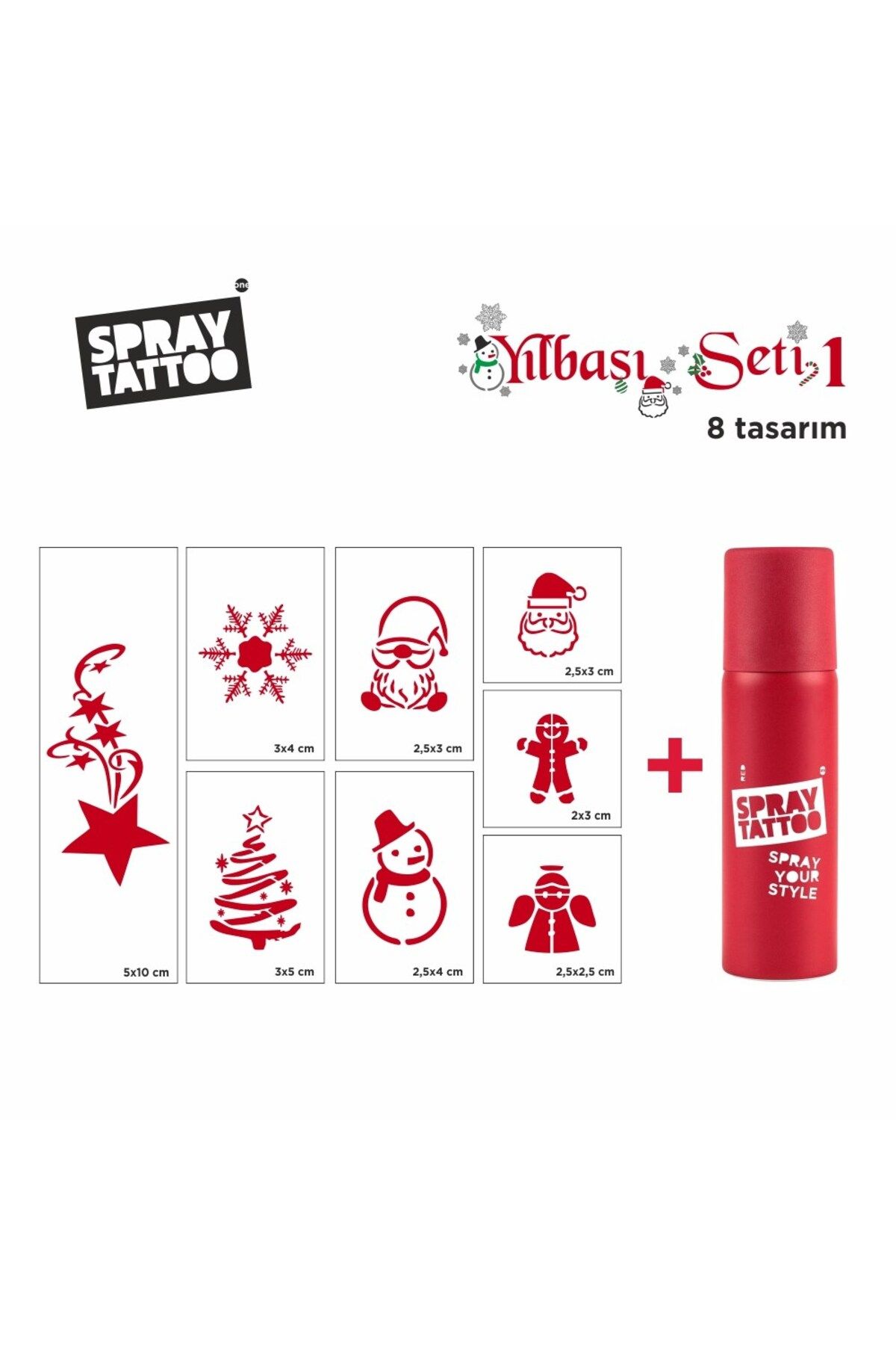 One Spray Tattoo Yeni Yıl Geçici Dövme Şablon Seti + Kırmızı Sprey