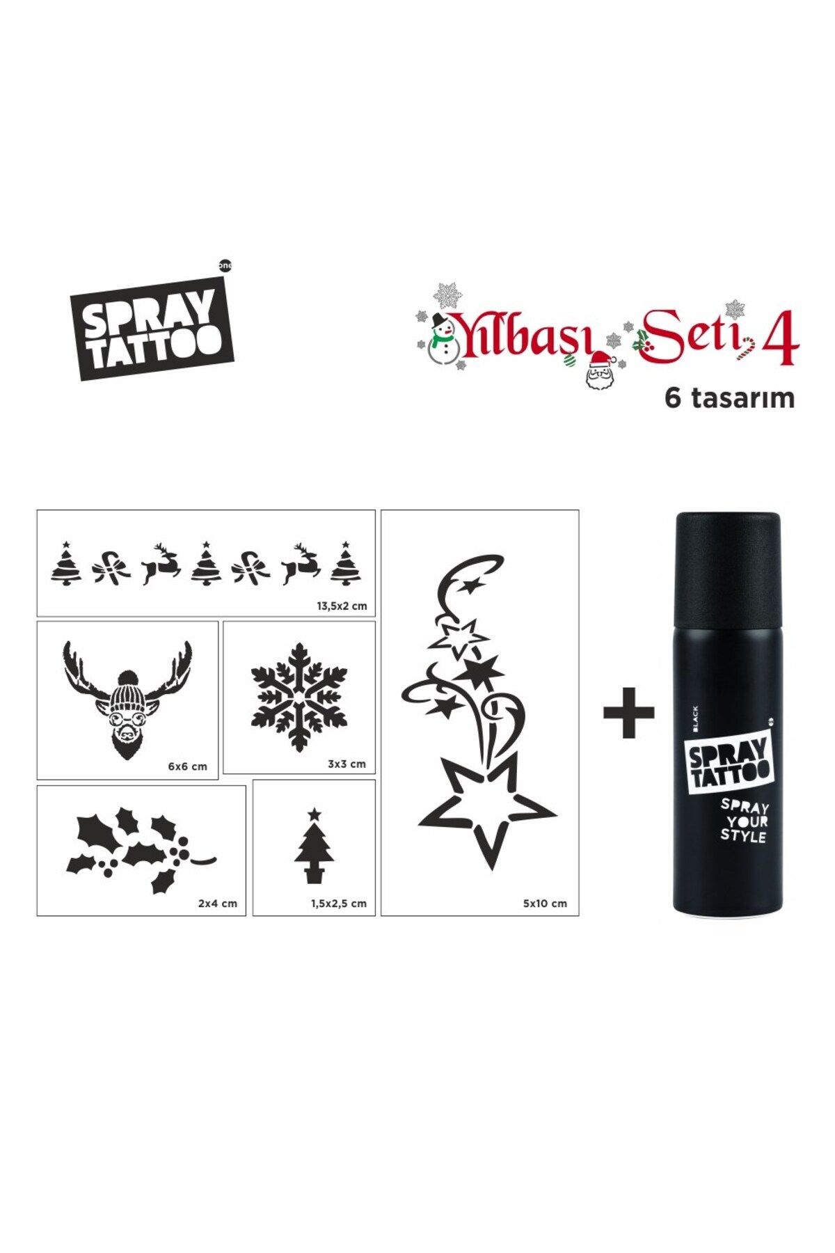 One Spray Tattoo Yeni Yıl Geçici Dövme Şablon Set 4 + Siyah Sprey