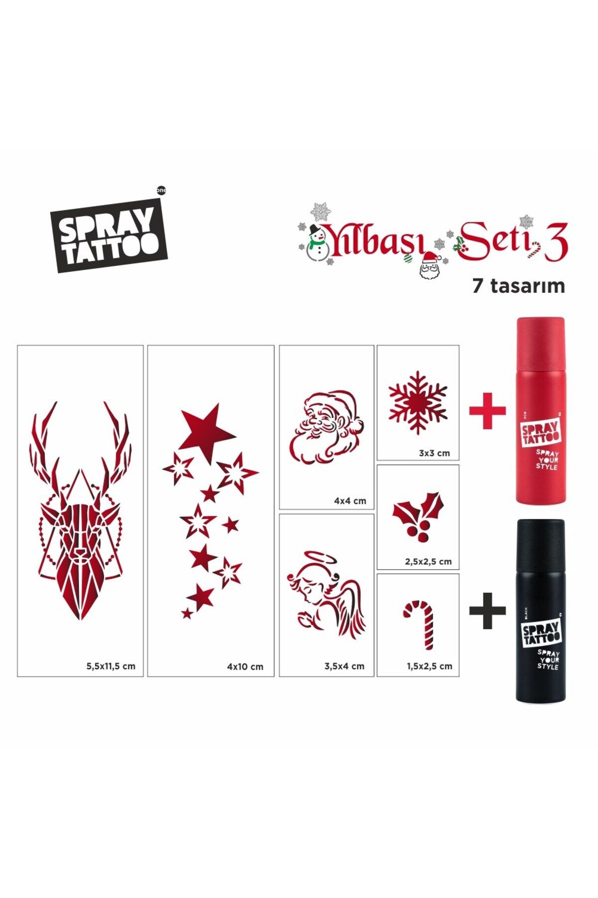 One Spray Tattoo Yeni Yıl Geçici Dövme Şablon Set 3 + Kırmızı ve Siyah Sprey