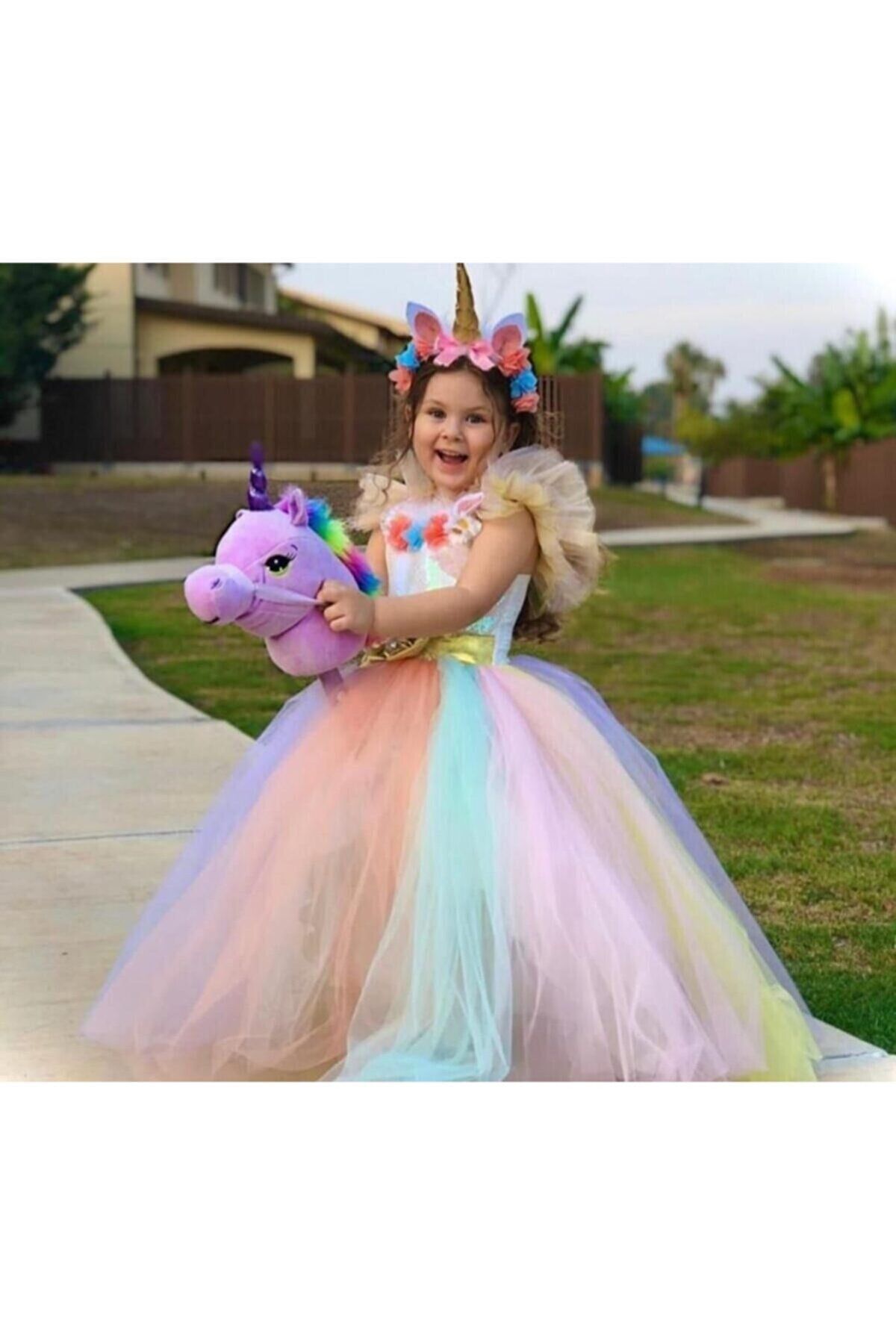 Yoyko Unicorn Kız Çocuk Elbise Kostüm, Kabarık, Tarlatan ve El Yapımı Özel Taç Dahil Doğum Günü Elbisesi