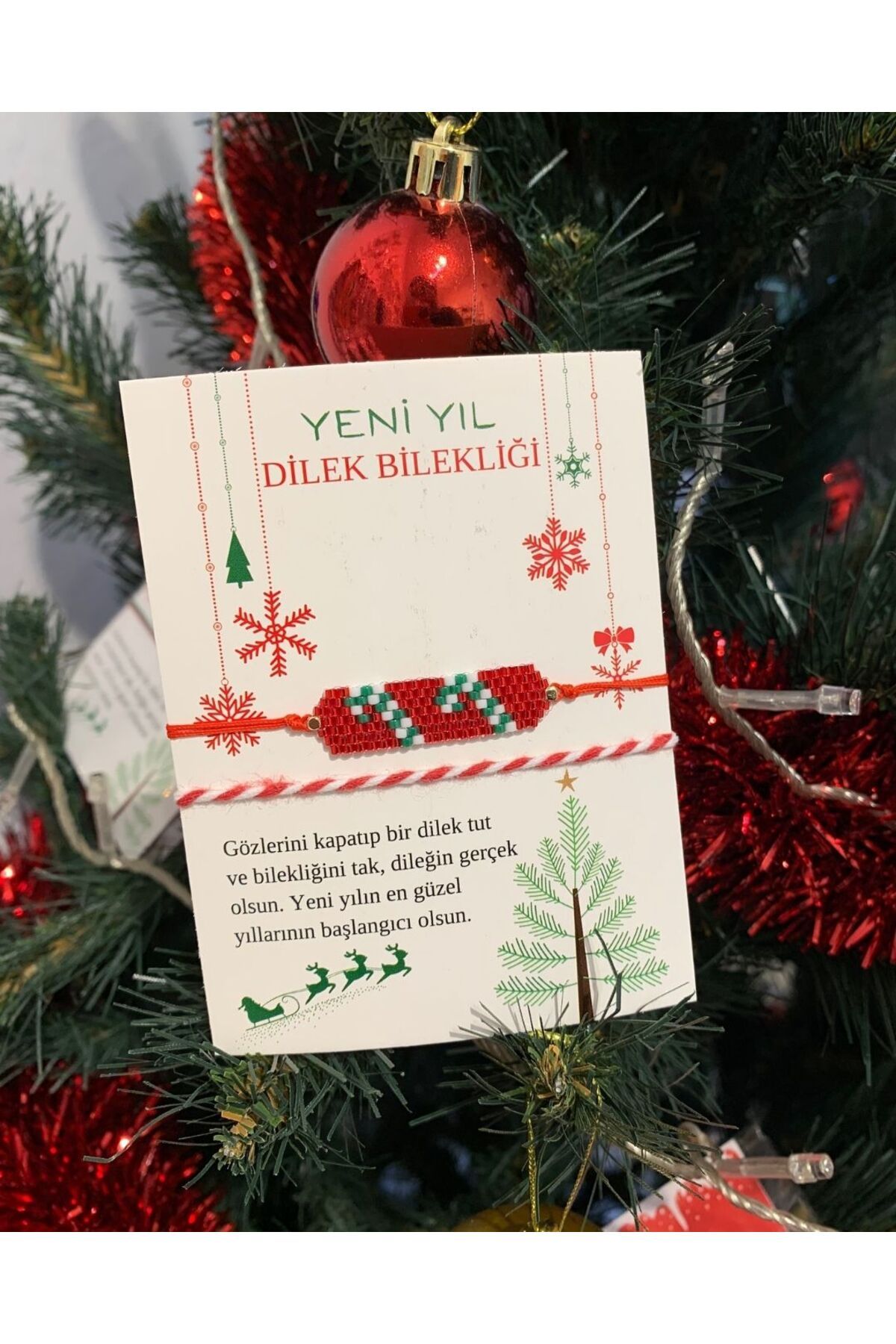 Kaeria Accessory Kırmızı Miyuki Noel Şeker Kamışı 2024 Yeni Yıl Şans Bilekliği Özel Tasarım Kart