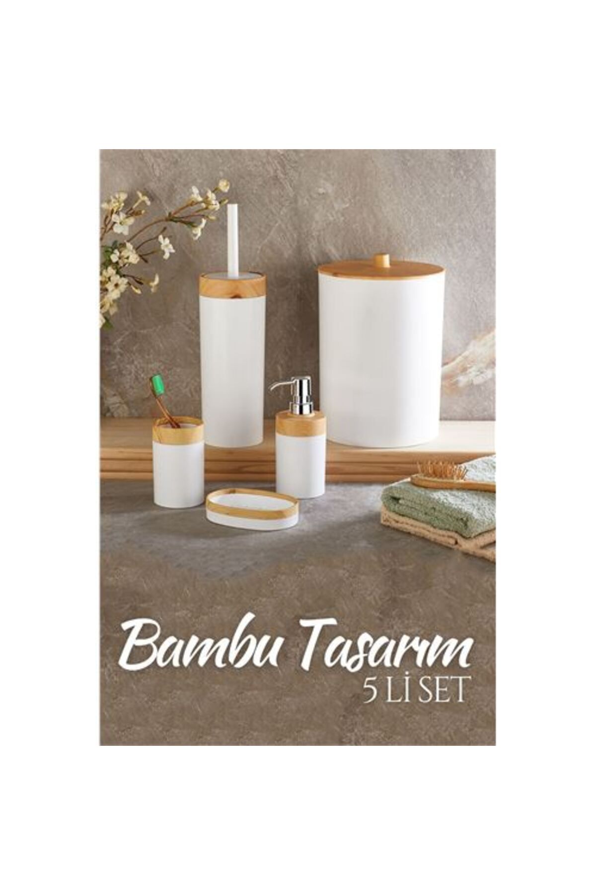 Özgünler Ticaret 5 li Banyo Seti Bambu Design BEYAZ 718980