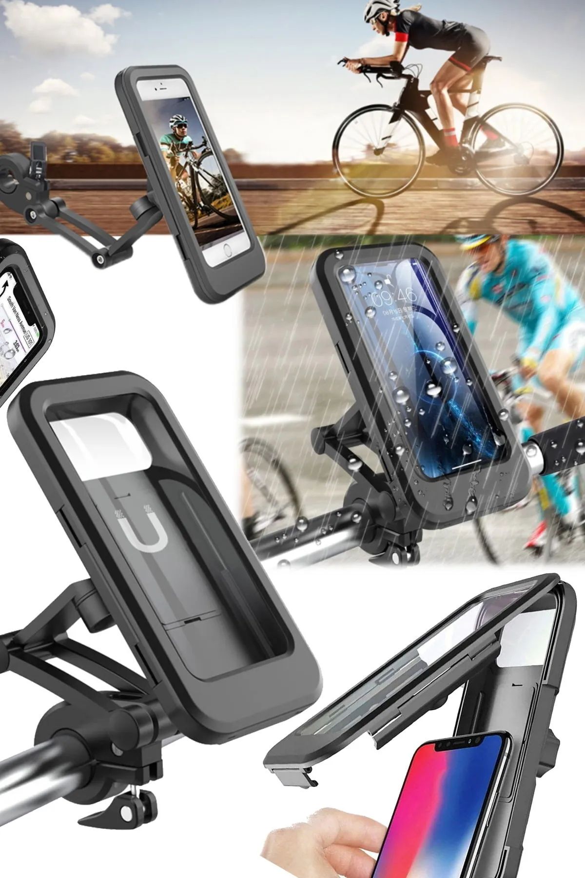 Uniquem 360 Derece Su Geçirmez Bisiklet Telefon Tutucu Gidon-Ayna Takılabilir Teleskopik