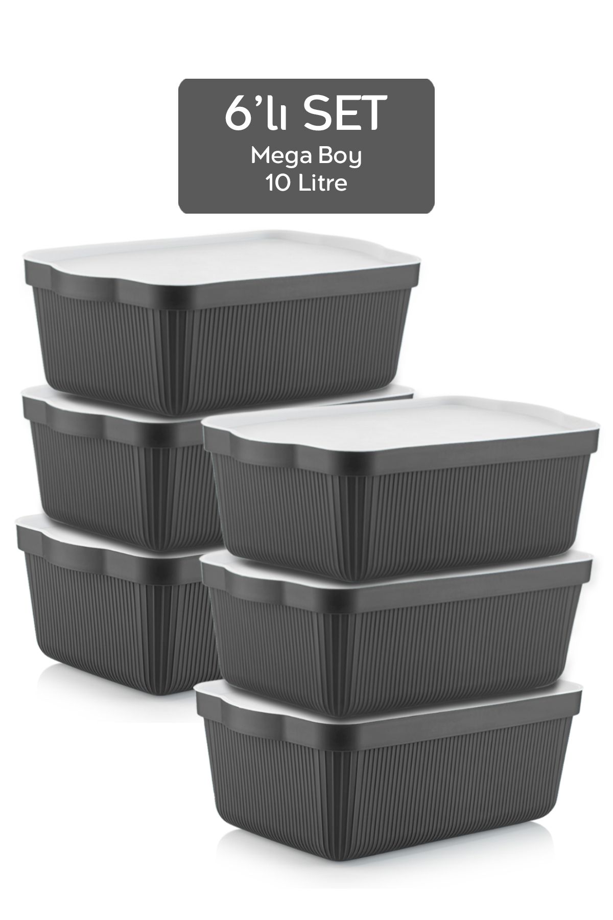 Meleni Home 6 Adet Mega Düzenleyici Kutu Seti - Solid Box Çok Amaçlı Kapaklı Sepet Organizer 6x10 Lt Antrasit