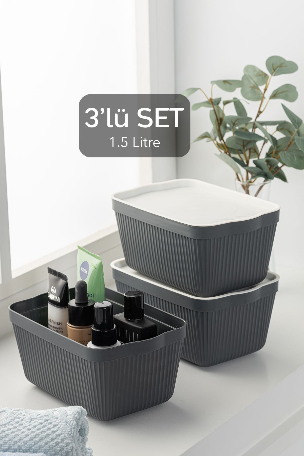 Meleni Home 3'lü Perry Saklama Kutusu -Kozmetik Makyaj Banyo Düzenleyici Organizer Kapaklı Kutu 3x1,5Lt Antrasit