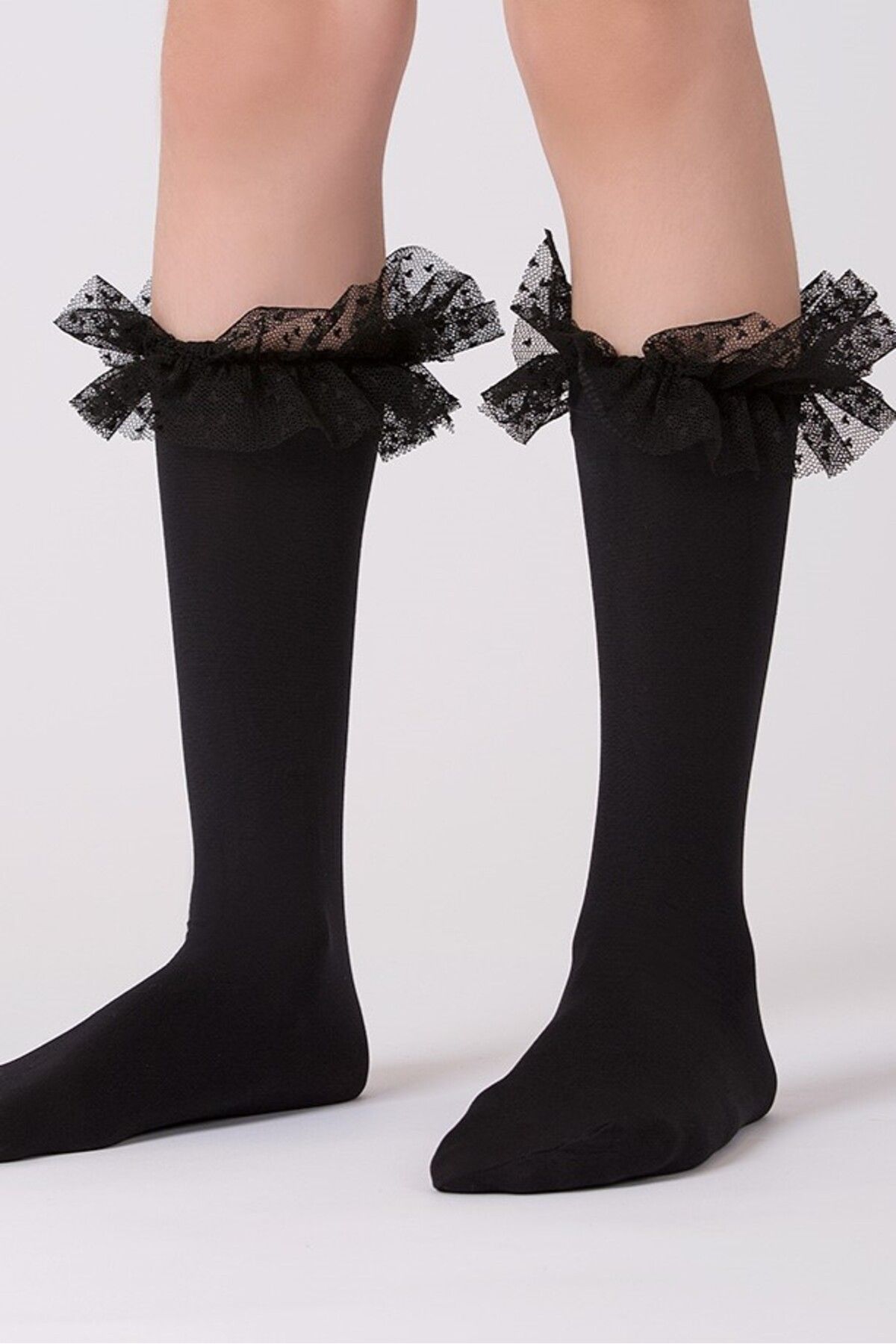 Goose Diz Altı Siyah Kurdeleli Organze Kız Çocuk Çorap