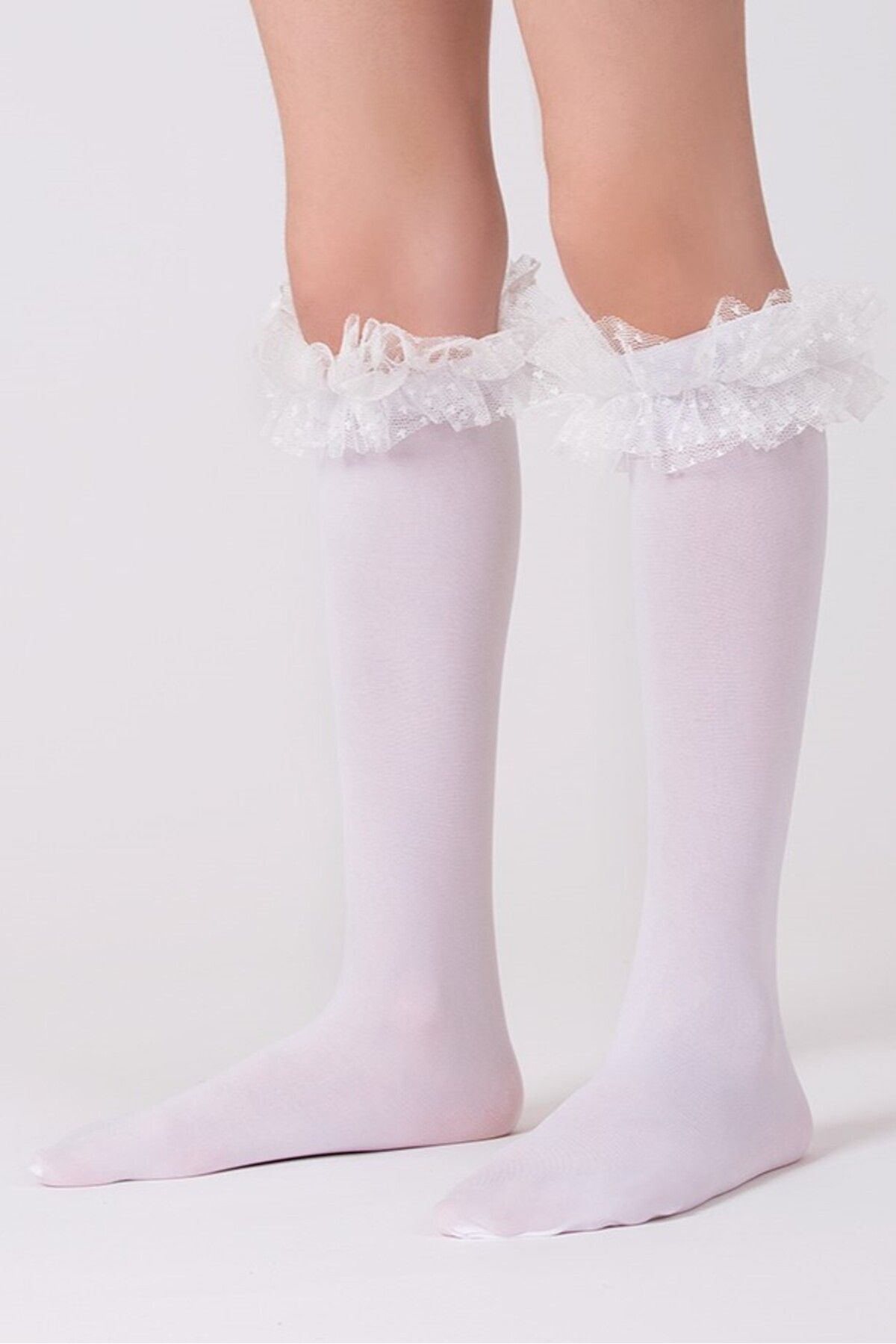 Goose Diz Altı Beyaz Kurdeleli Organze Kız Çocuk Çorap