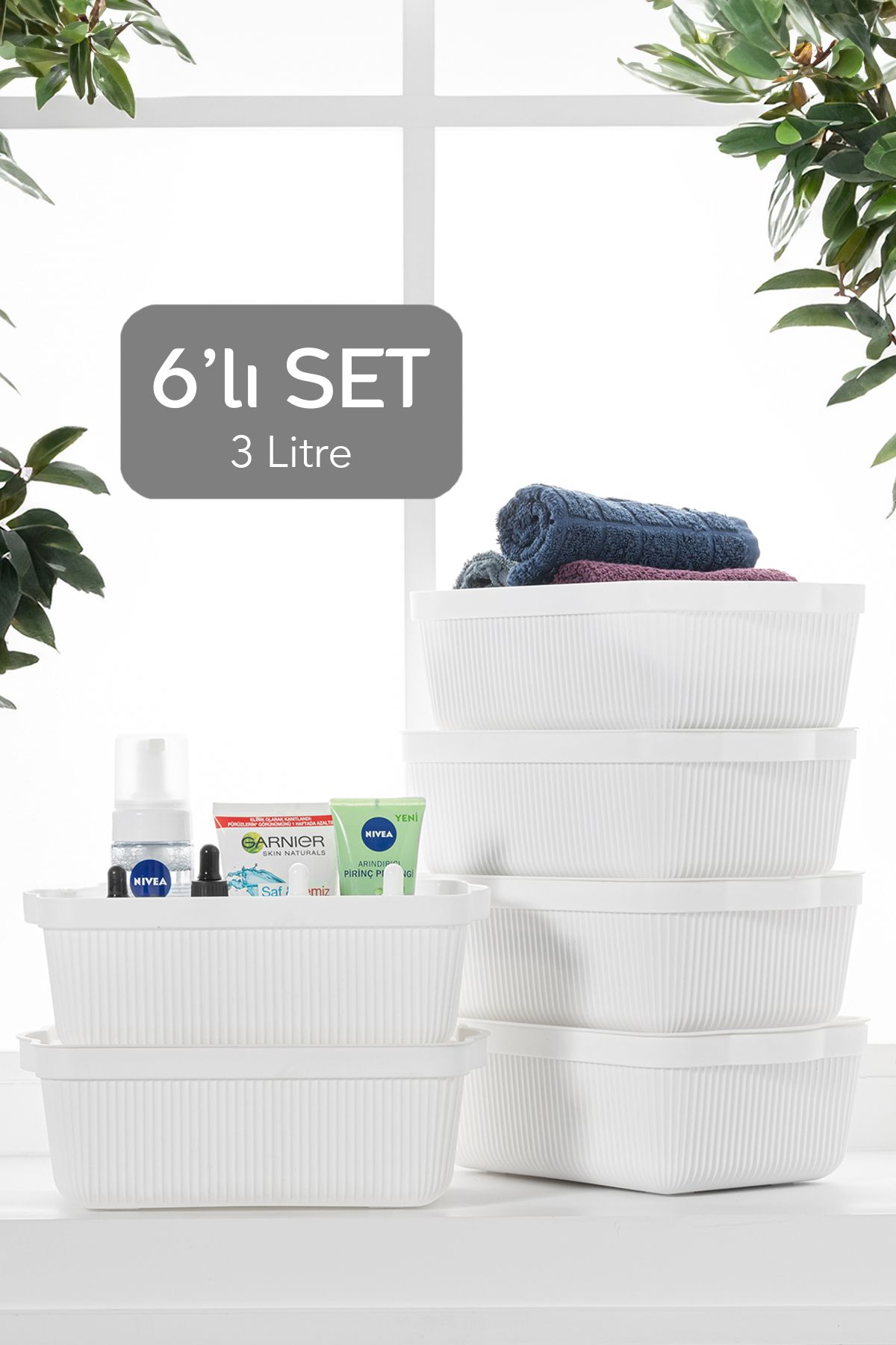 Meleni Home 6'lı Dekoratif Raf Organizer Hobby Box Banyo Mutfak Düzenleyici - Kapaklı Saklama Kutusu 3 Lt Beyaz