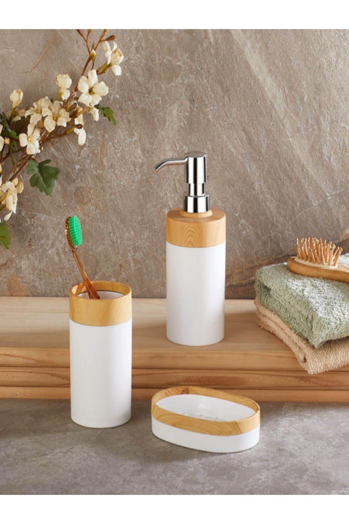 Bayev Beyaz Bambu Desenli 3'lu Set Banyo Set Sıvı Sabunluk Katı Sabunluk Diş Fırçalık