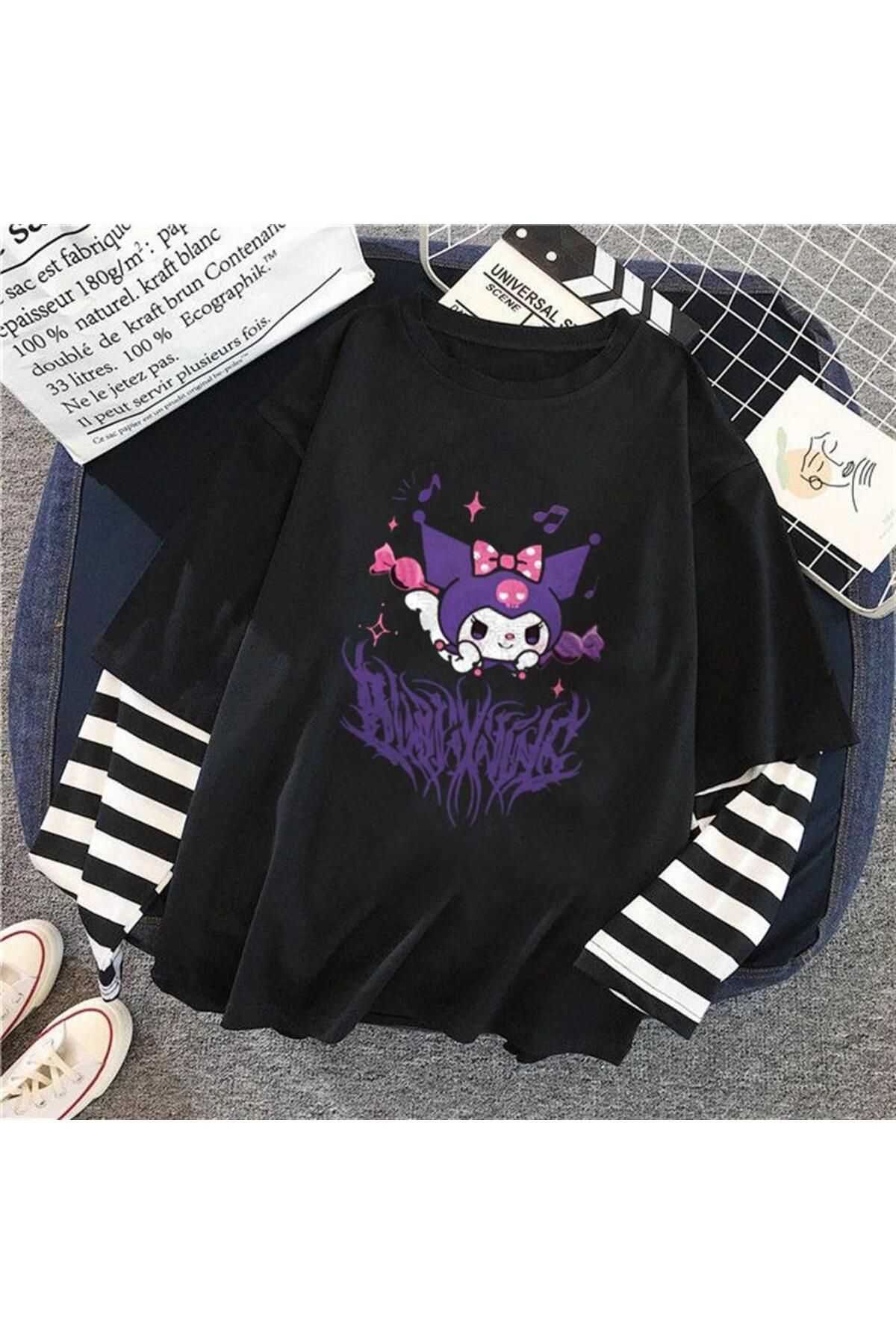 Touz Kuromi Purple Baskılı Fake Sleeves Unisex Siyah T-shirt