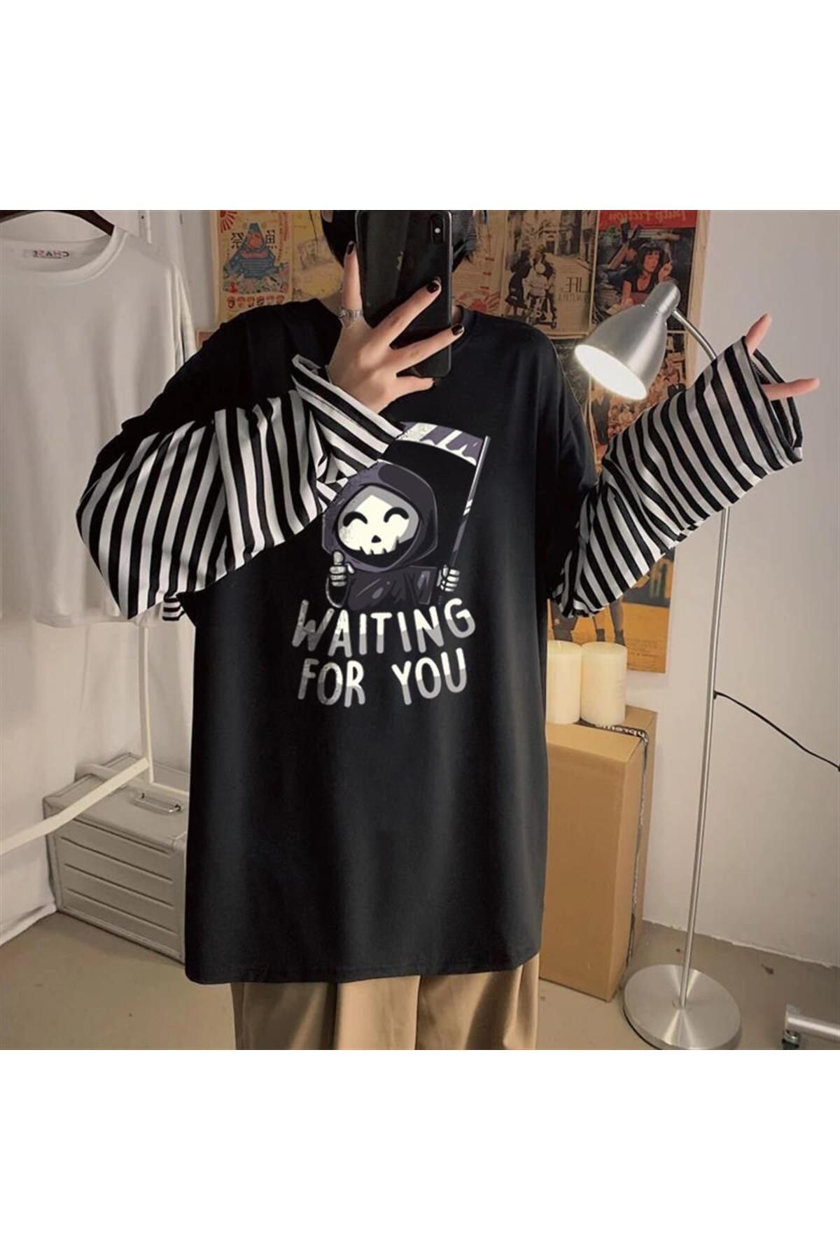 Touz Halloween Waiting For You Witch Baskılı Fake Sleeves Unisex Siyah T-shirt