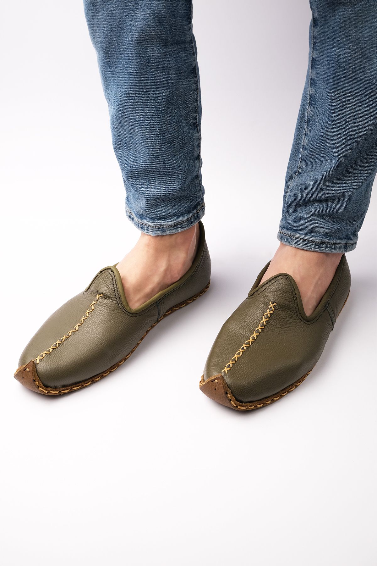 Atlas Handmade Shoes El Yapımı Hakiki Deri Çarık Model Unisex Yeşil Ayakkabı / Yemeni Ayakkabı / Babet