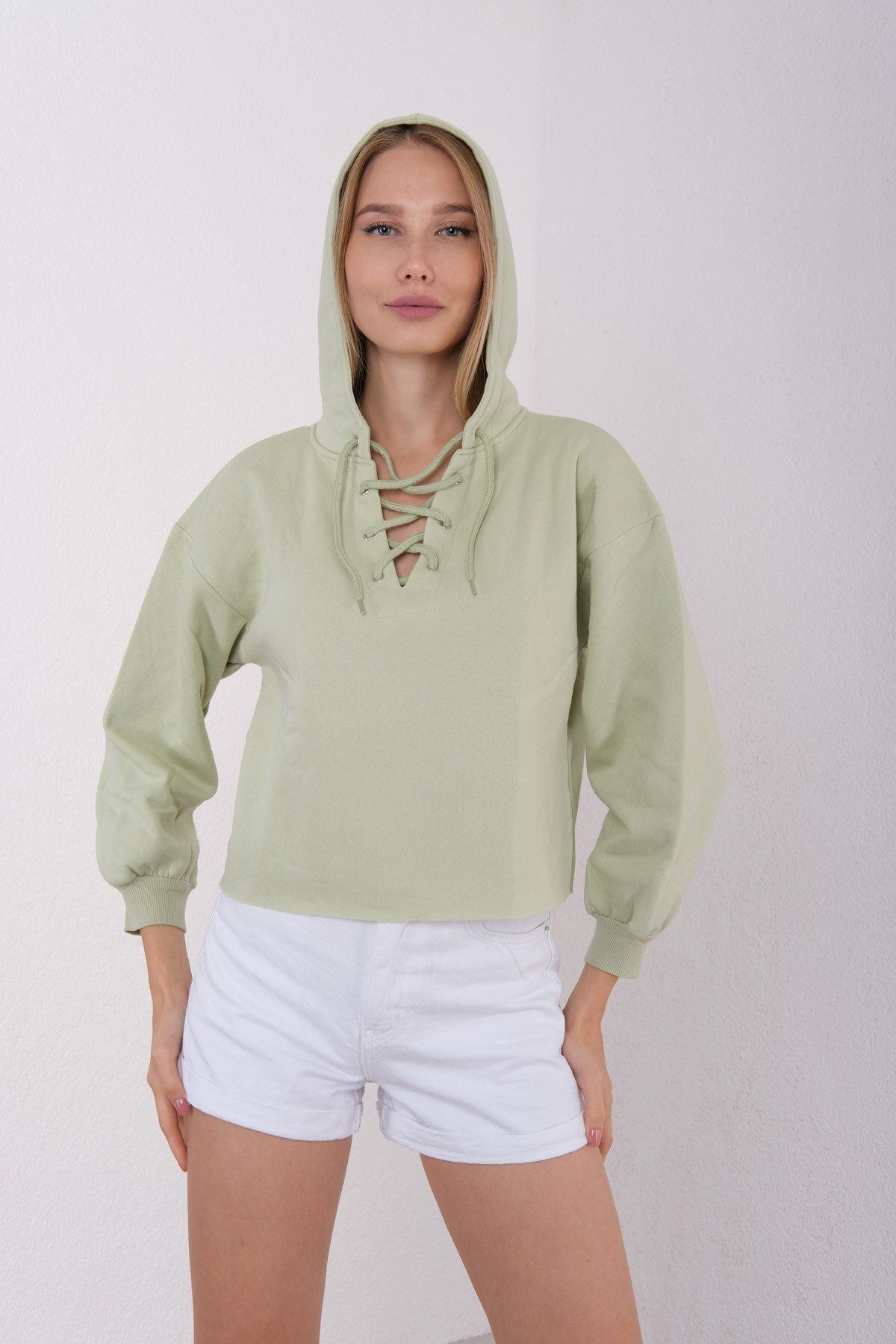 For Angels Mint Yeşili Yakası Bağcıklı Kapüşonlu Sweatshirt D1014407l