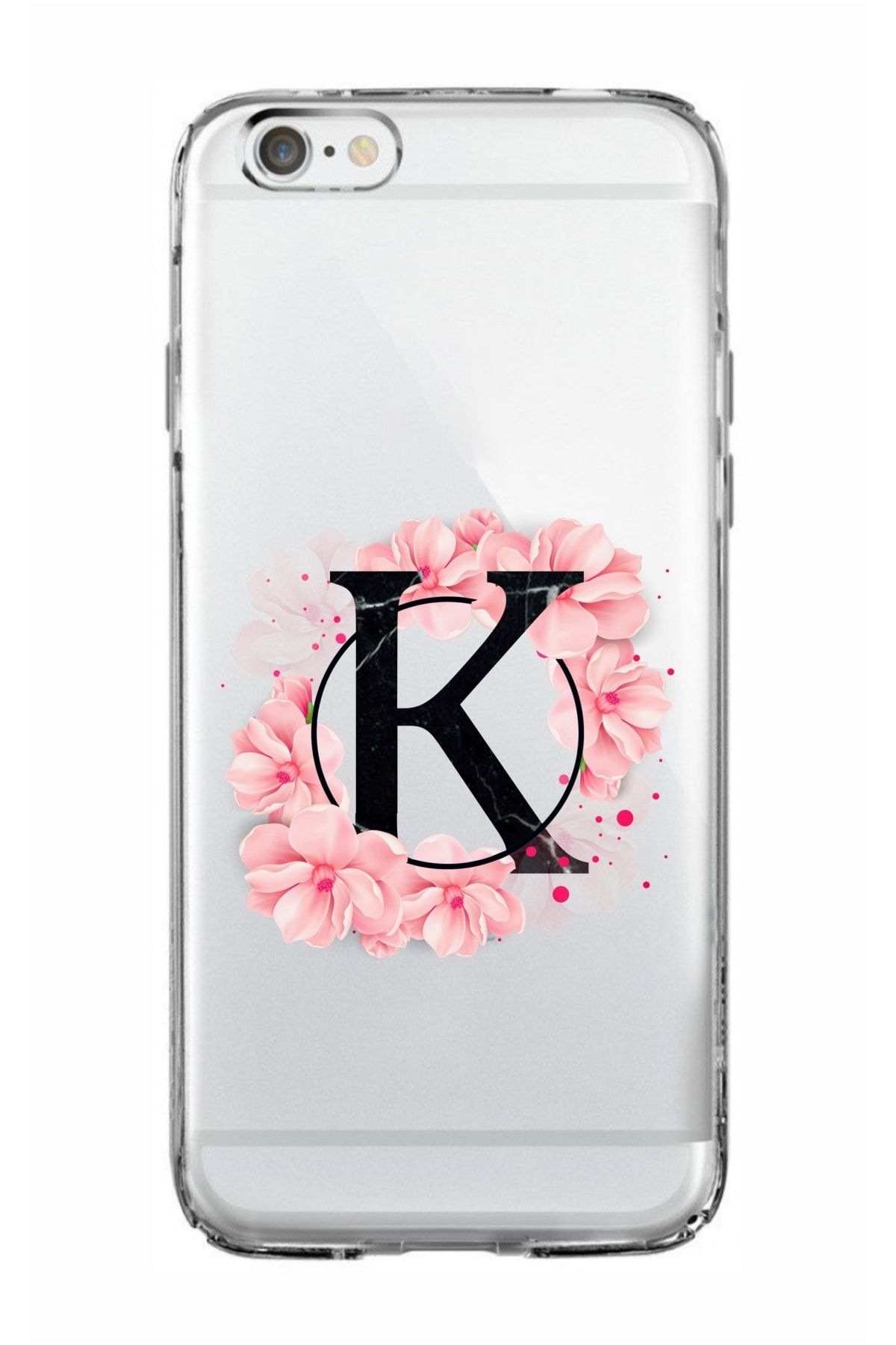 mooodcase Iphone 6 Plus Uyumlu Pembe Çiçek Desen K Harfli Şeffaf Kılıf