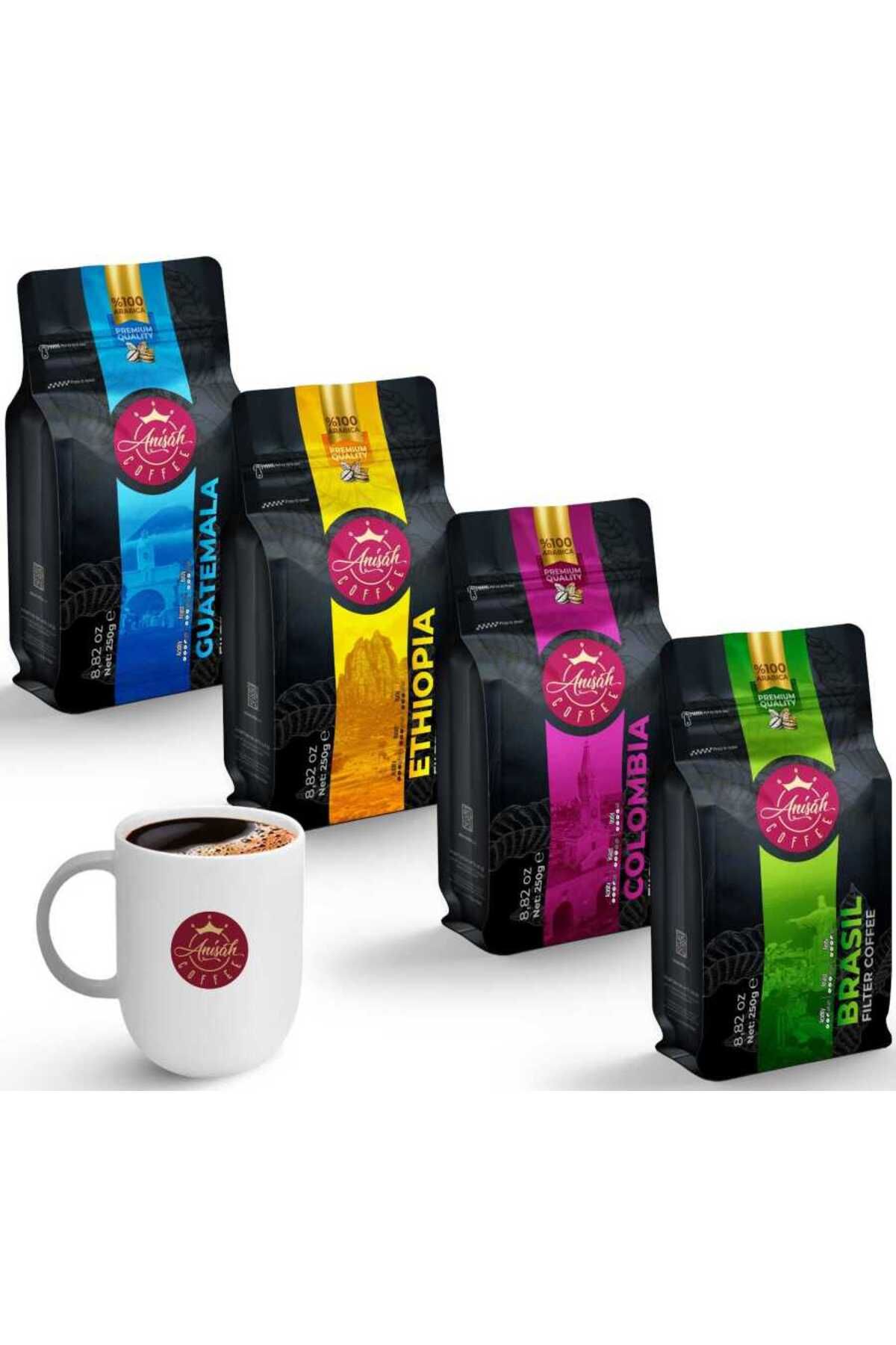 Anisah Coffee Dünya Kahveleri Keşif Seti 4 X 250 gram (ÖĞÜTÜLMÜŞ) | Filtre Kahve | 300 Cl Kupa Bardak Hediyeli