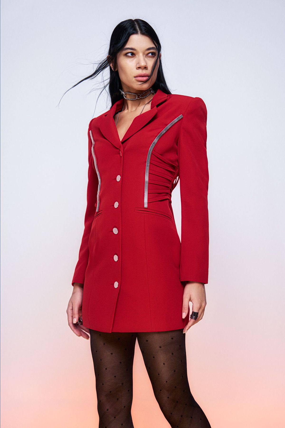TUBA ERGIN Kadın Kırmızı Zincir Detaylı Darel Ceket Elbise