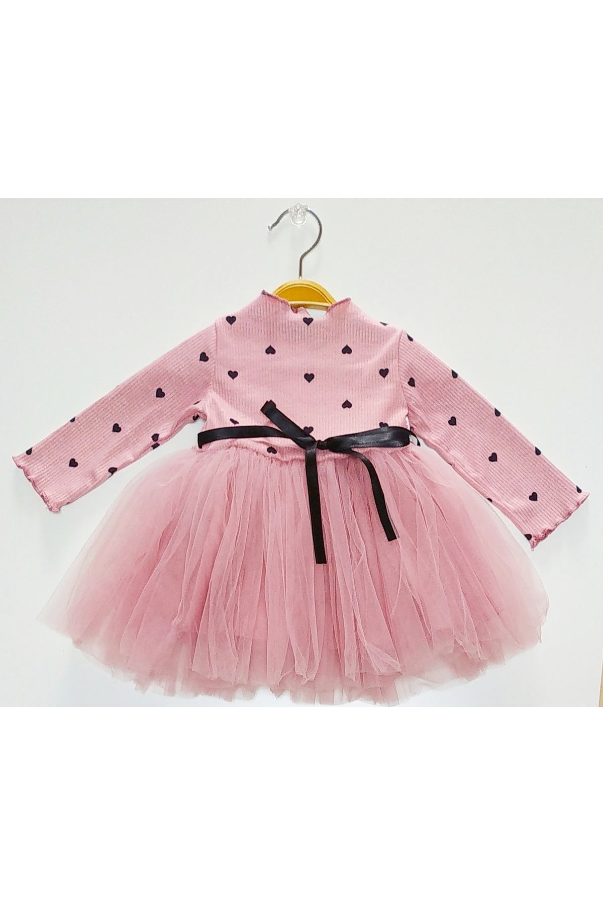 neocotton Kız Bebek-Çocuk Uzun Kollu Doğum Günü ve Özel Günler İçin Kalpli Tüllü Astarlı Elbise