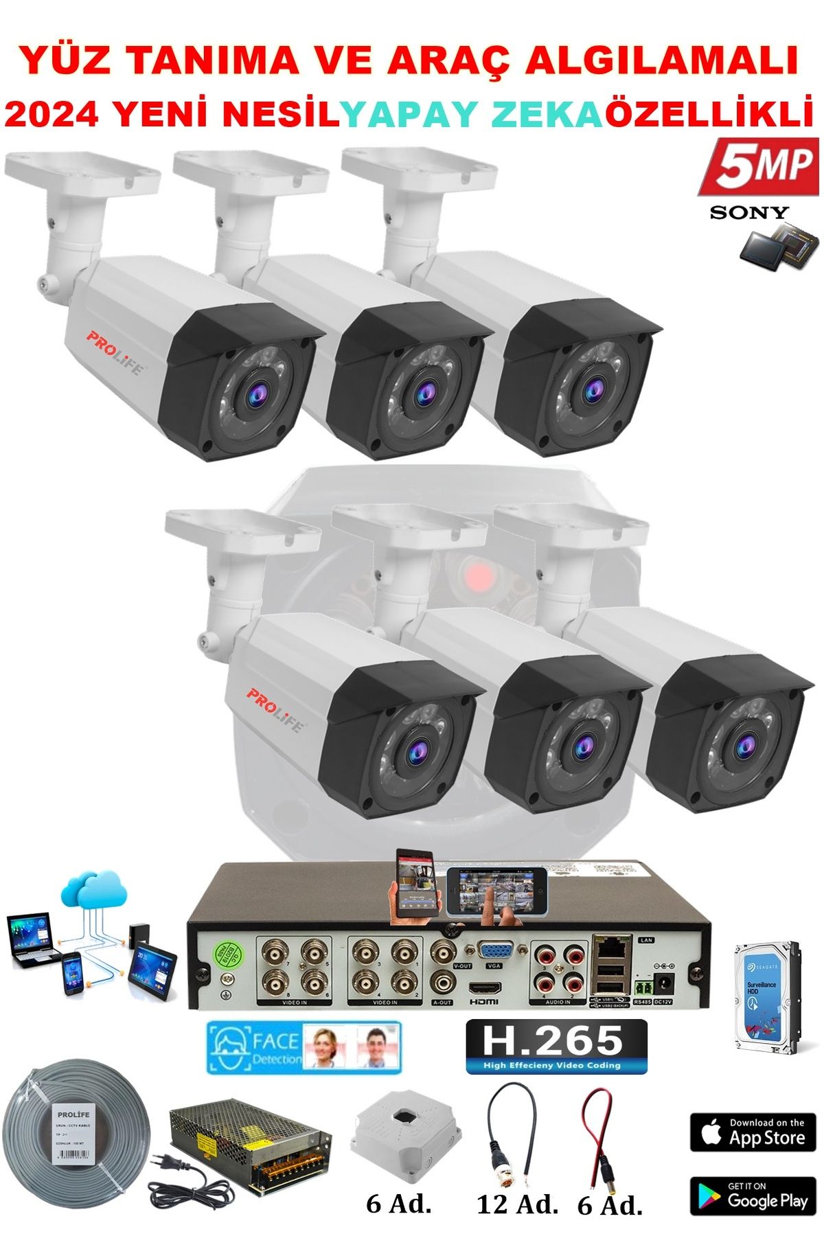 PROLİFE 6 Kameralı Yapay Zeka Özellikli Yüz Tanıma Ve Araç Algılamalı 5 Mp Güvenlik Kamerası Seti