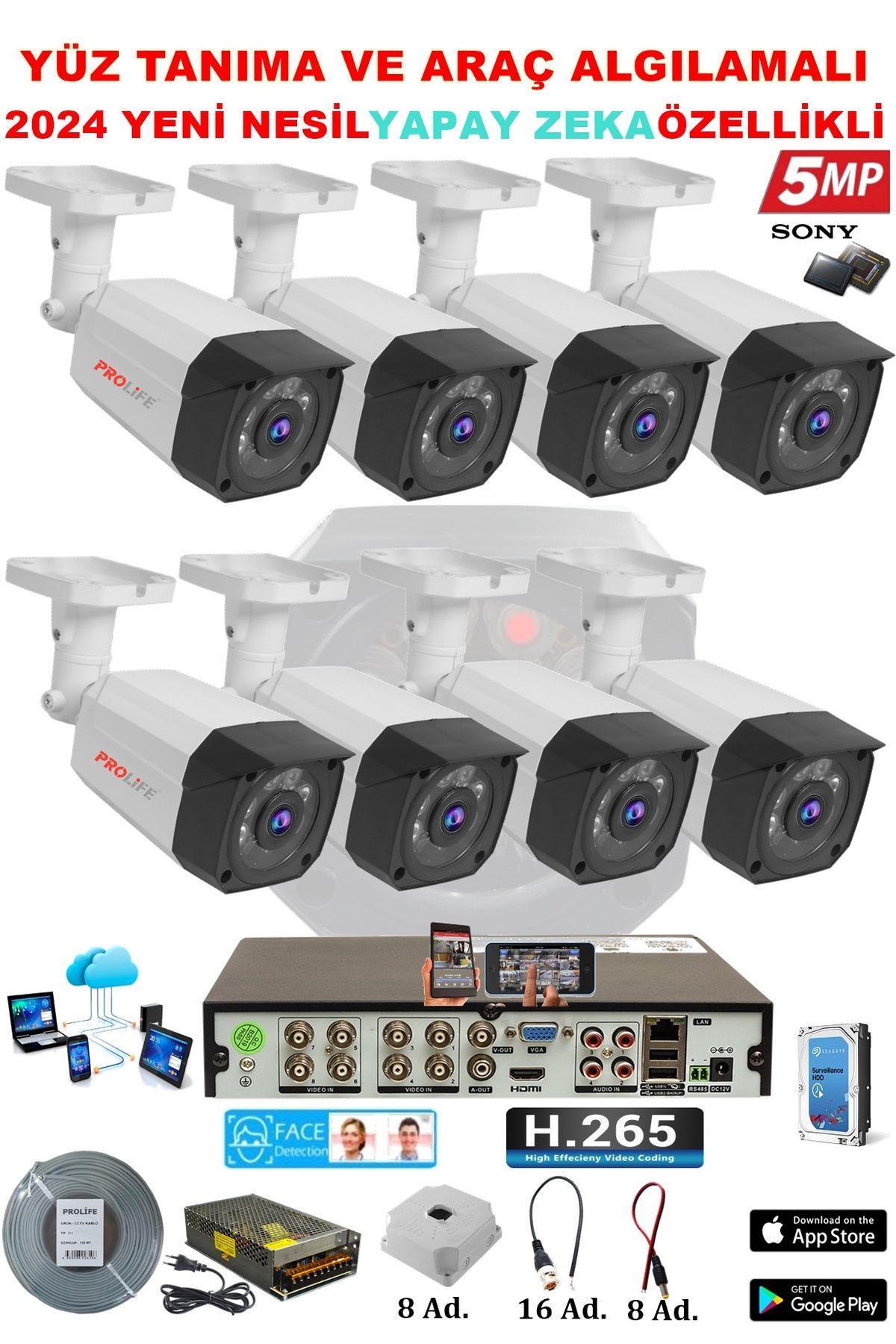 PROLİFE 8 Kameralı Yapay Zeka Özellikli Yüz Tanıma Ve Araç Algılamalı 5 Mp Güvenlik Kamerası Seti