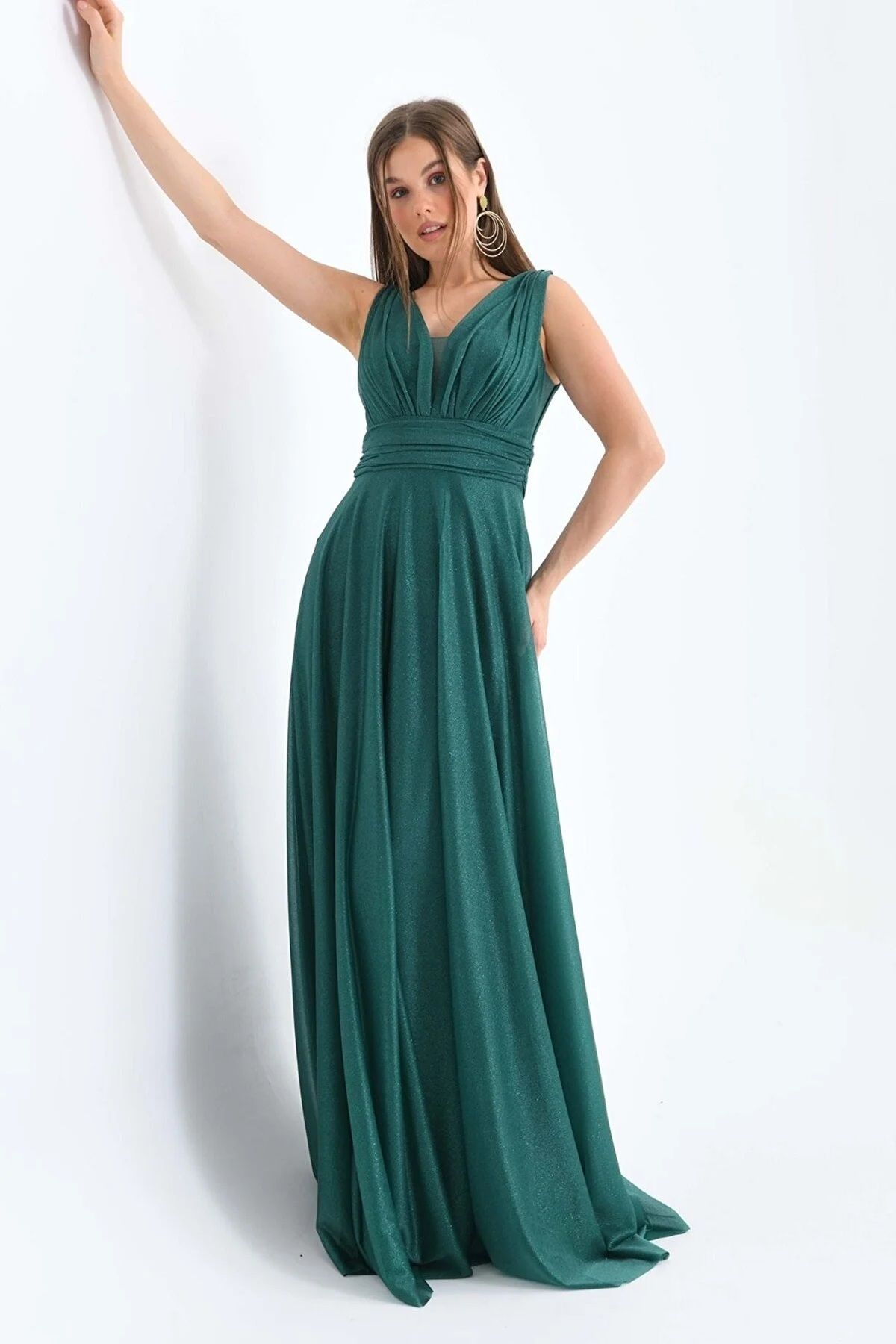 WOMAN VISION Kadın Işıltılı Simli Kumaş Kalın Askılı V Yaka Prenses Kesim Yeşil Elbise 9223