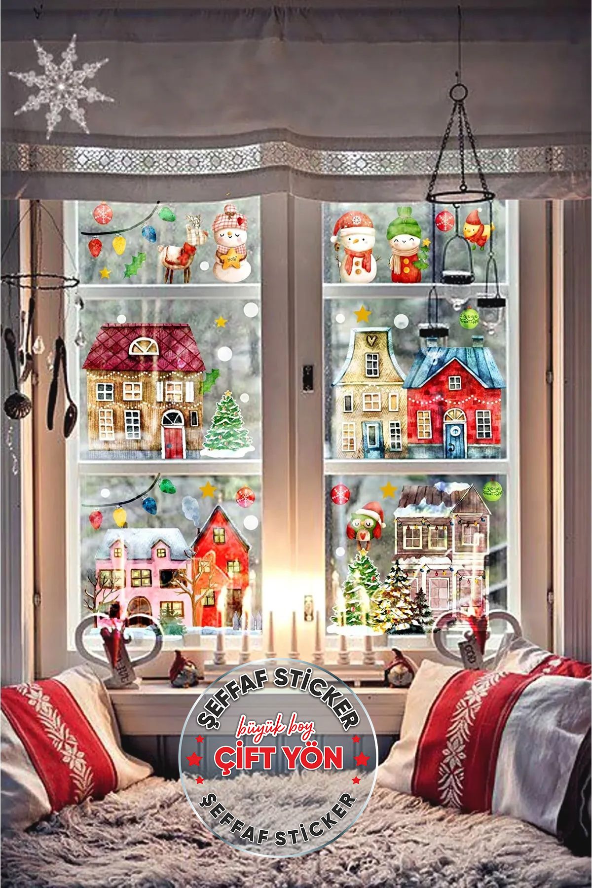 PANDA SOKAĞI Yılbaşı Temalı Karlı Şehir, Evler Kardan Adam Christmas Çift Yönlü Şeffaf Cam, Duvar Sticker Seti