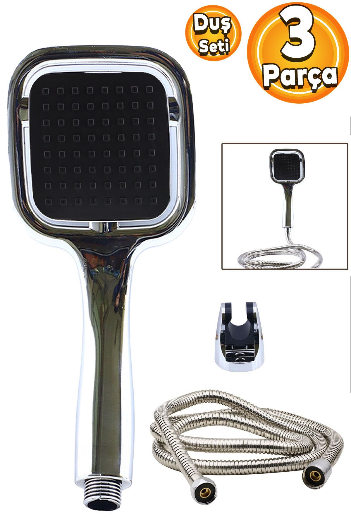 Badem10 3'lü Banyo Duş Başlığı Seti Duş Fiskiyesi Telefonu Kare Başlık Metal Hortumu Sistemleri Siyah