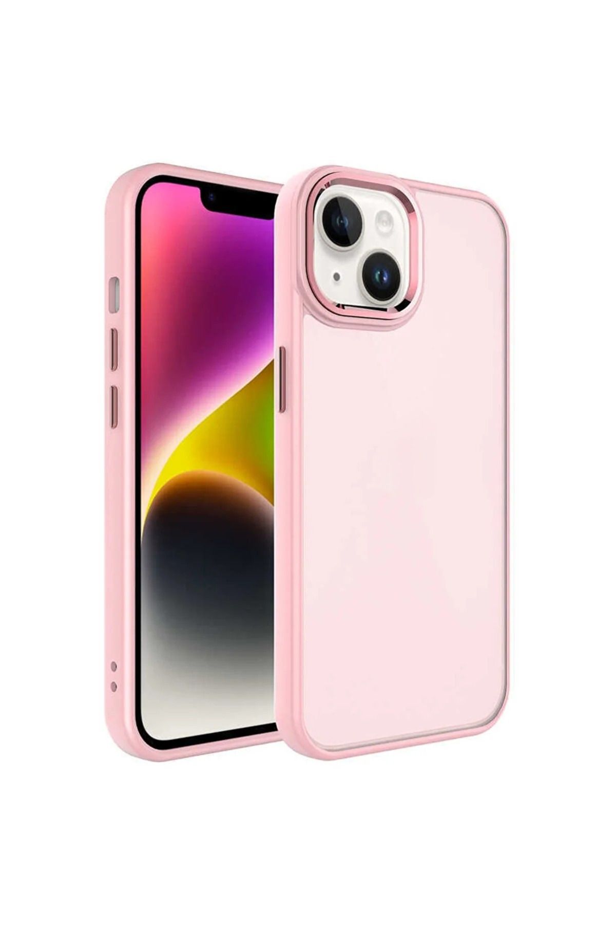 Fibaks Apple Iphone 14 Kılıf Metal Çerçeve Hassas Butonlu Renkli Buzlu Şeffaf Transparan Kapak