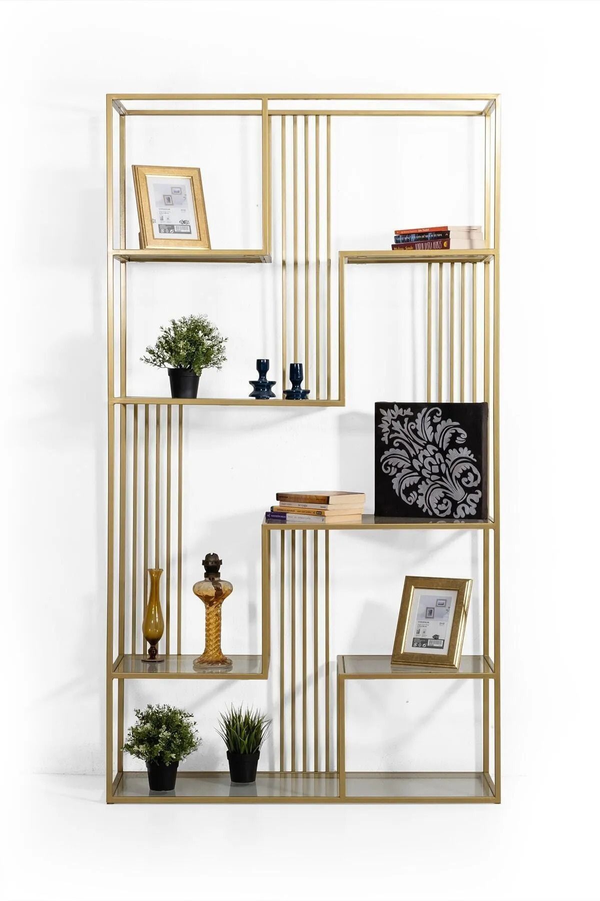 tino furniture Dekoratif Modern Gold Renk Metal Şeffaf Cam Raflı Kitaplık Aksesuar Rafı