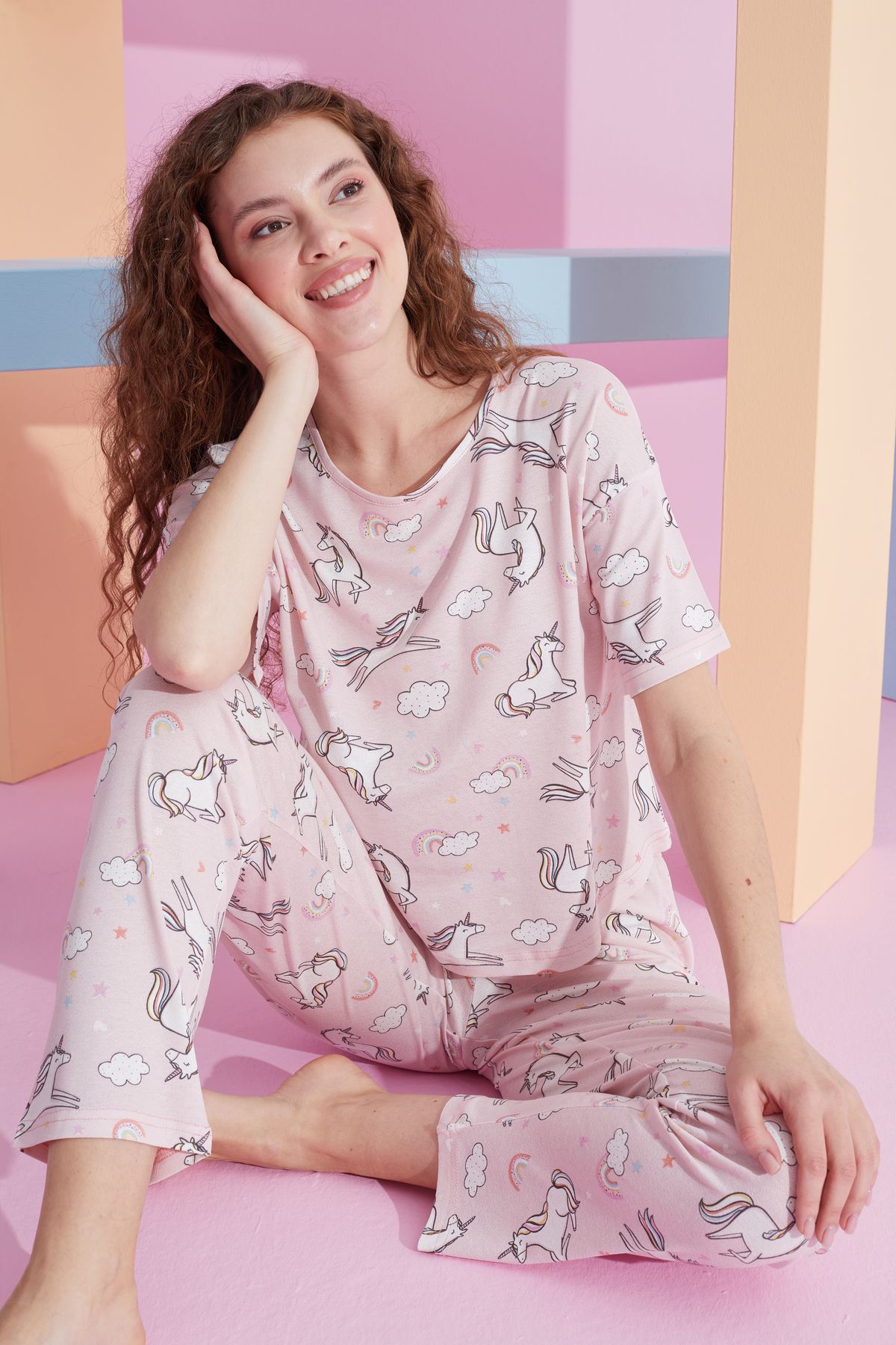 Siyah İnci pembe unicorn desenli likralı Örme Pijama Takım