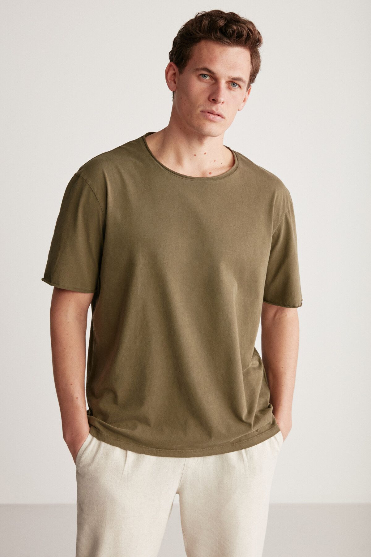 GRIMELANGE Davınson Erkek Açık Yakalı Oversize Fit %100 Pamuk Haki T-shirt