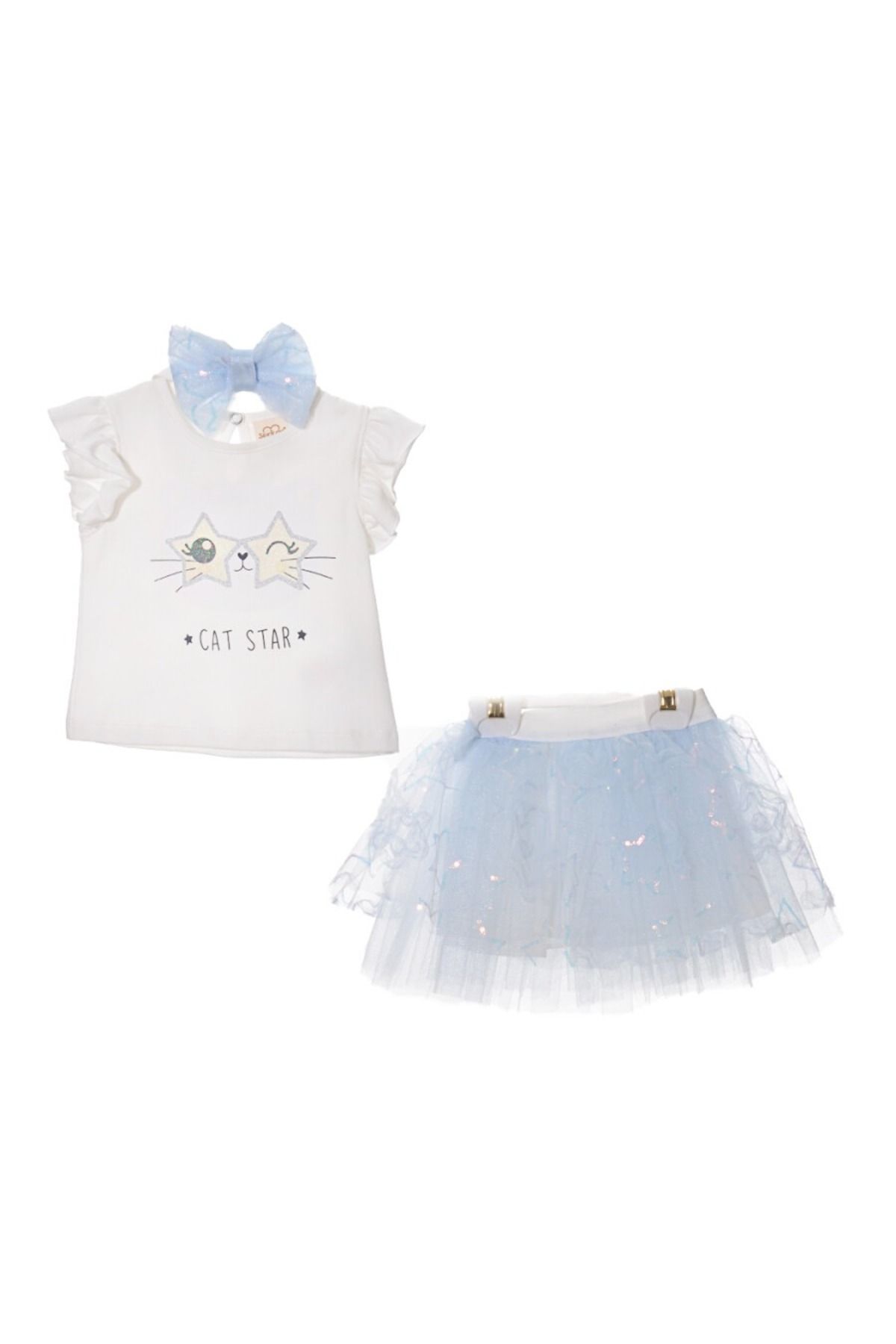 DIDuStore Serkon Yıldız Kedi Baskılı Mavi Şık Bebek Elbisesi ve Tül Etek Seti
