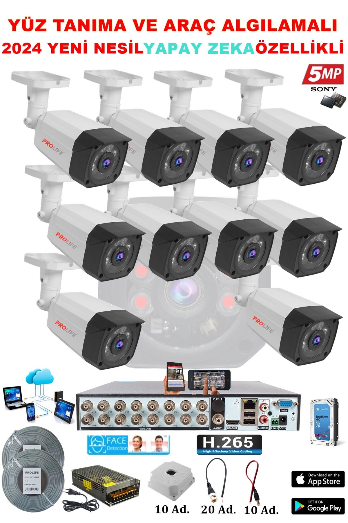 PROLİFE 10 Kameralı Yapay Zeka Özellikli Yüz Tanıma Ve Araç Algılamalı 5 Mp Güvenlik Kamerası Seti
