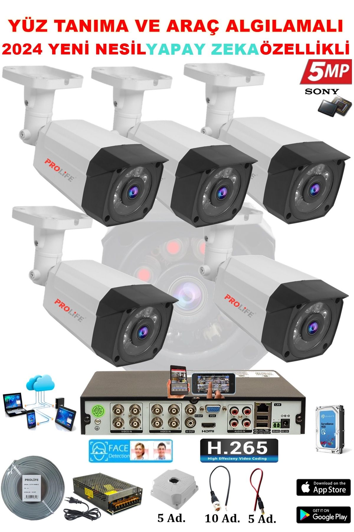 PROLİFE 5 Kameralı Yapay Zekalı Yüz Tanıma Ve Araç Algılamalı 5 Mp Güvenlik Kamerası Seti Kamera Sistemi