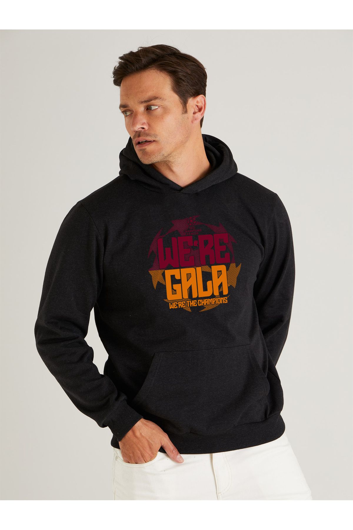 OFFSIDESIGN Sarı Kırmızı We Are Gala Tasarımlı Şampiyonlar Ligi Özel Siyah Kapüşonlu Baskılı Erkek Sweatshirt